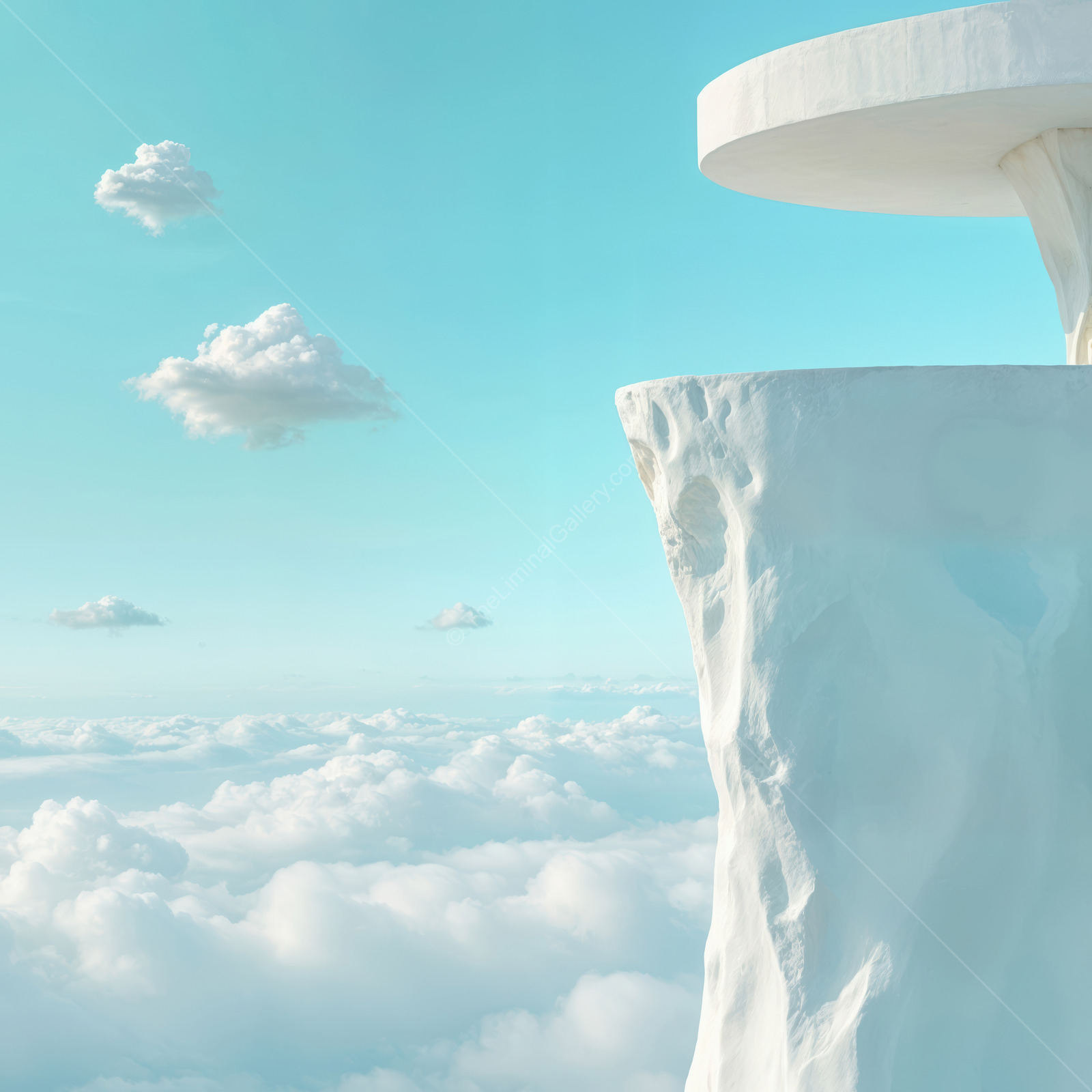 Towering icy cliff beneath tranquil sky and drifting clouds forms a dreamlike frozen panorama that inspires quiet awe, wonder and a sense of untouched peace