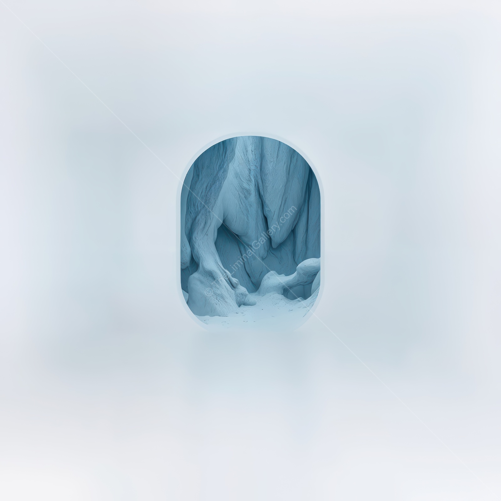 Journey through icy liminal pathways in a mystical cavern illuminated by soft light