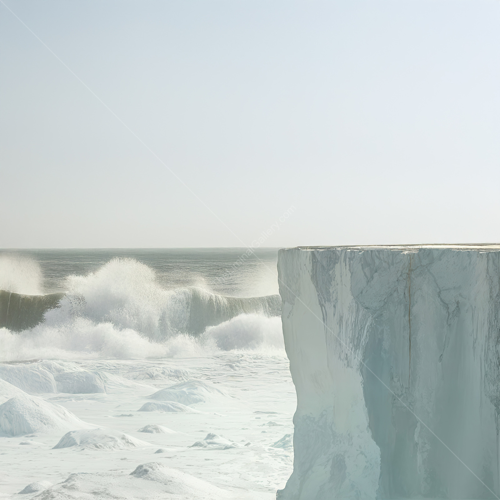 Churning ocean waves crash against an icy shoreline under a clear sky at dawn, creating a stunning contrast between the blue sea and bright ice formations