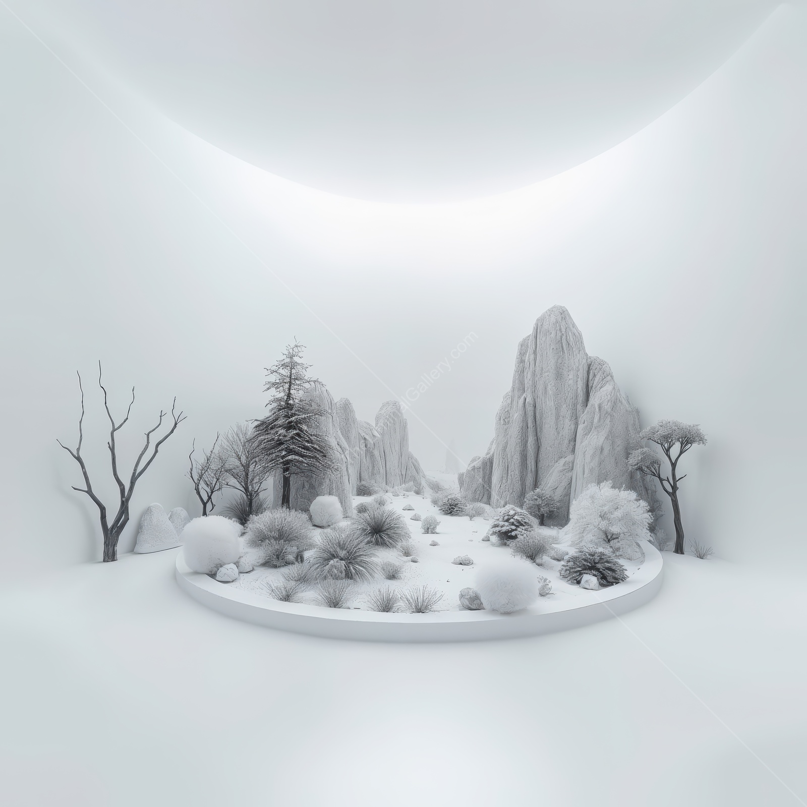 Imaginative winter liminal landscape with ethereal white mountains and delicate foliage in a serene, minimalist setting