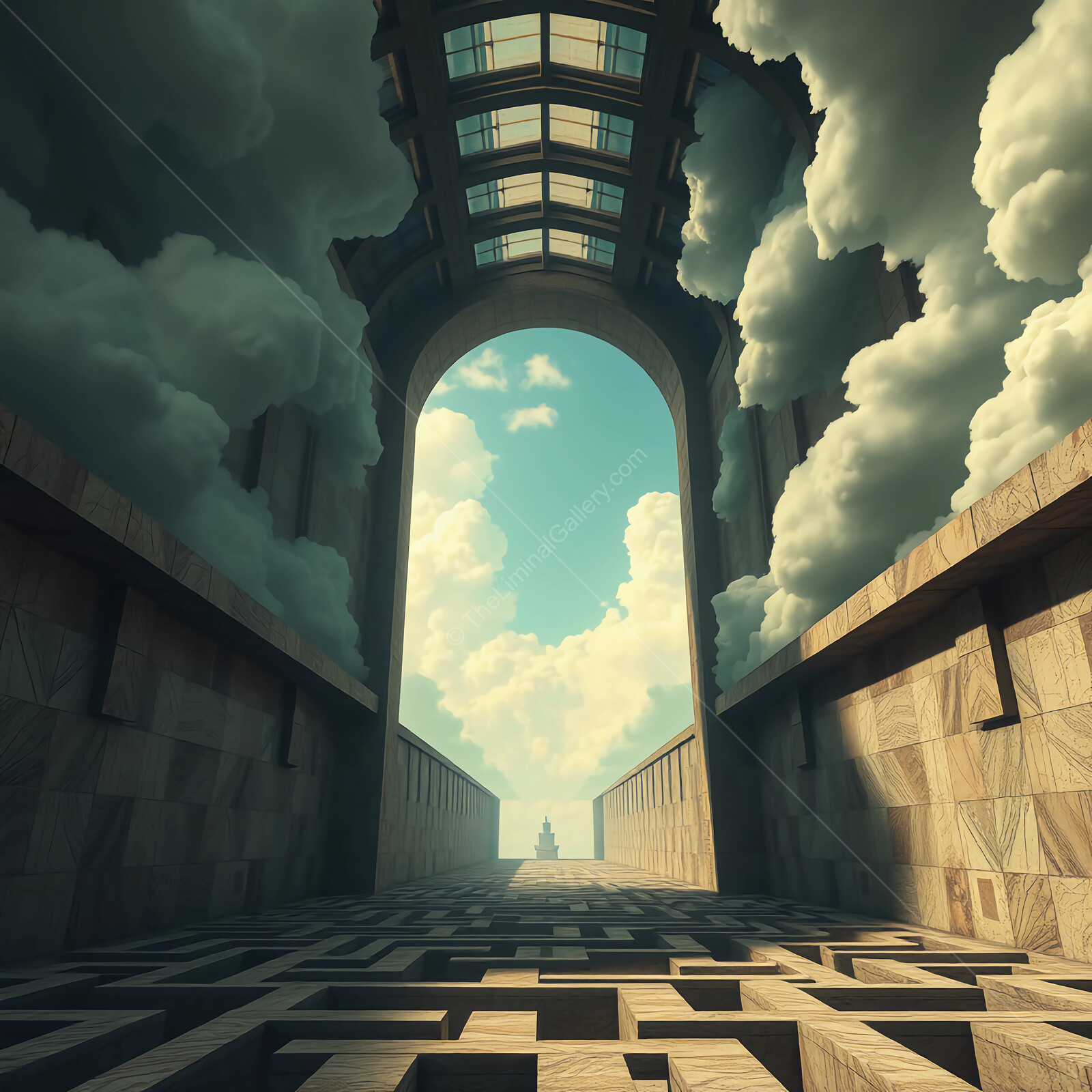 Intricate archway invites exploration through a surreal landscape of clouds and stone