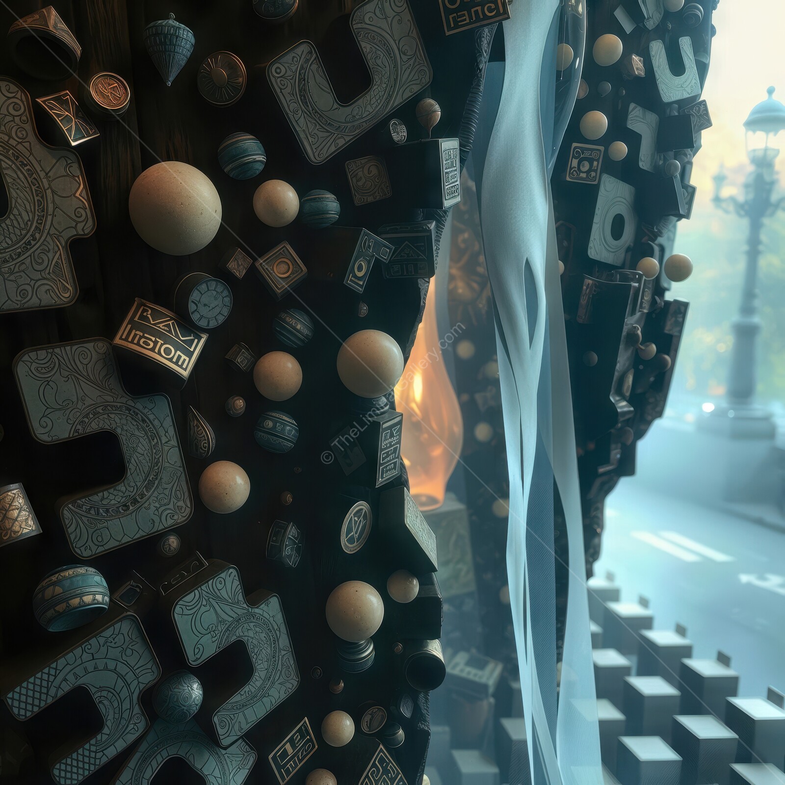 Intricate details of artistic installation blending textures in urban light