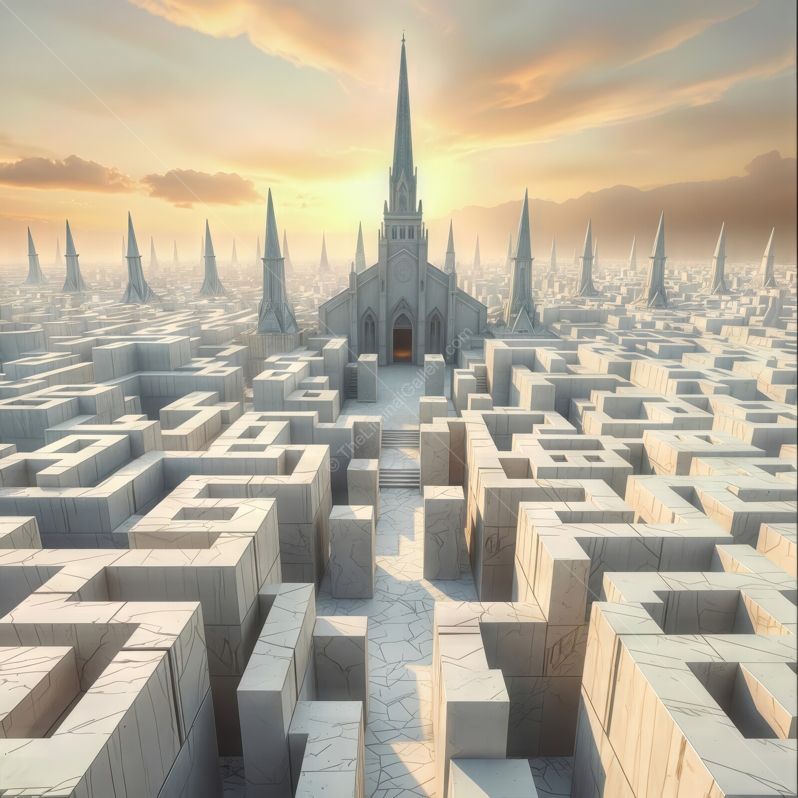 Intricate labyrinth surrounding a majestic church under a golden sunset in a surreal landscape
