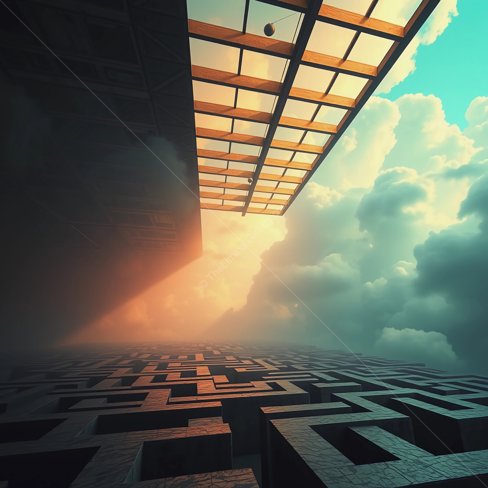 Intricate maze under a surreal sky with vibrant hues at sunrise