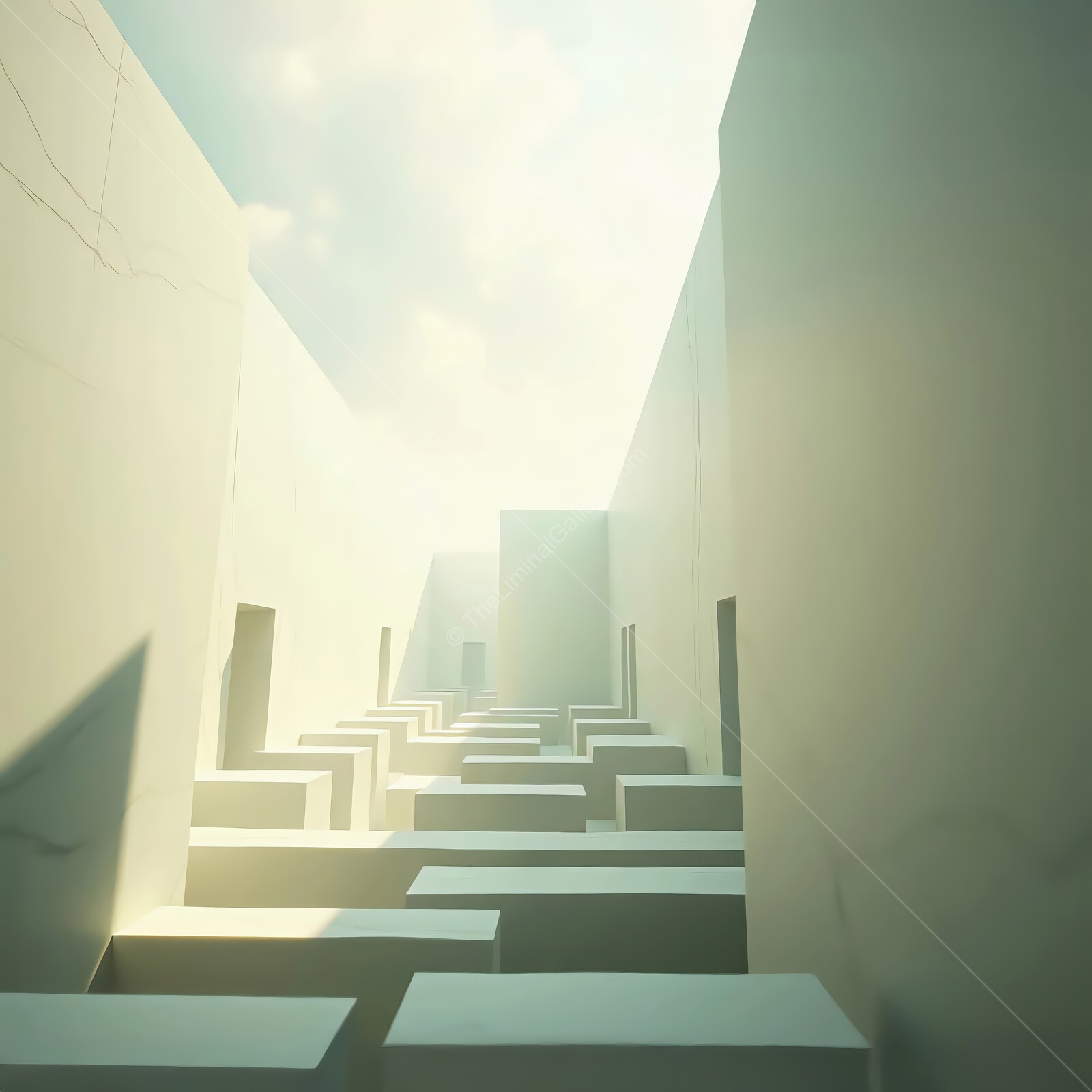 Intricate liminal pathways lead through a surreal labyrinth illuminated by soft sunlight