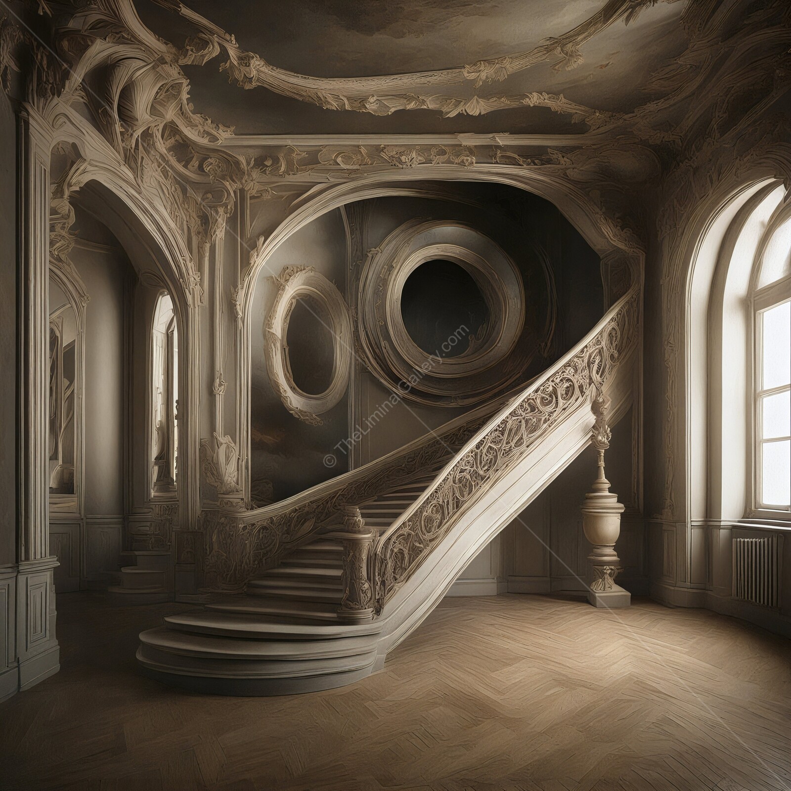 Intricate staircase leads through elegantly designed historic interior in muted tones during soft daylight