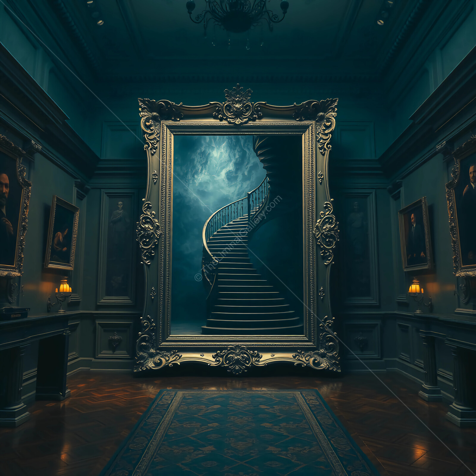 Intriguing journey through a liminal grand hall with an enigmatic staircase inviting exploration
