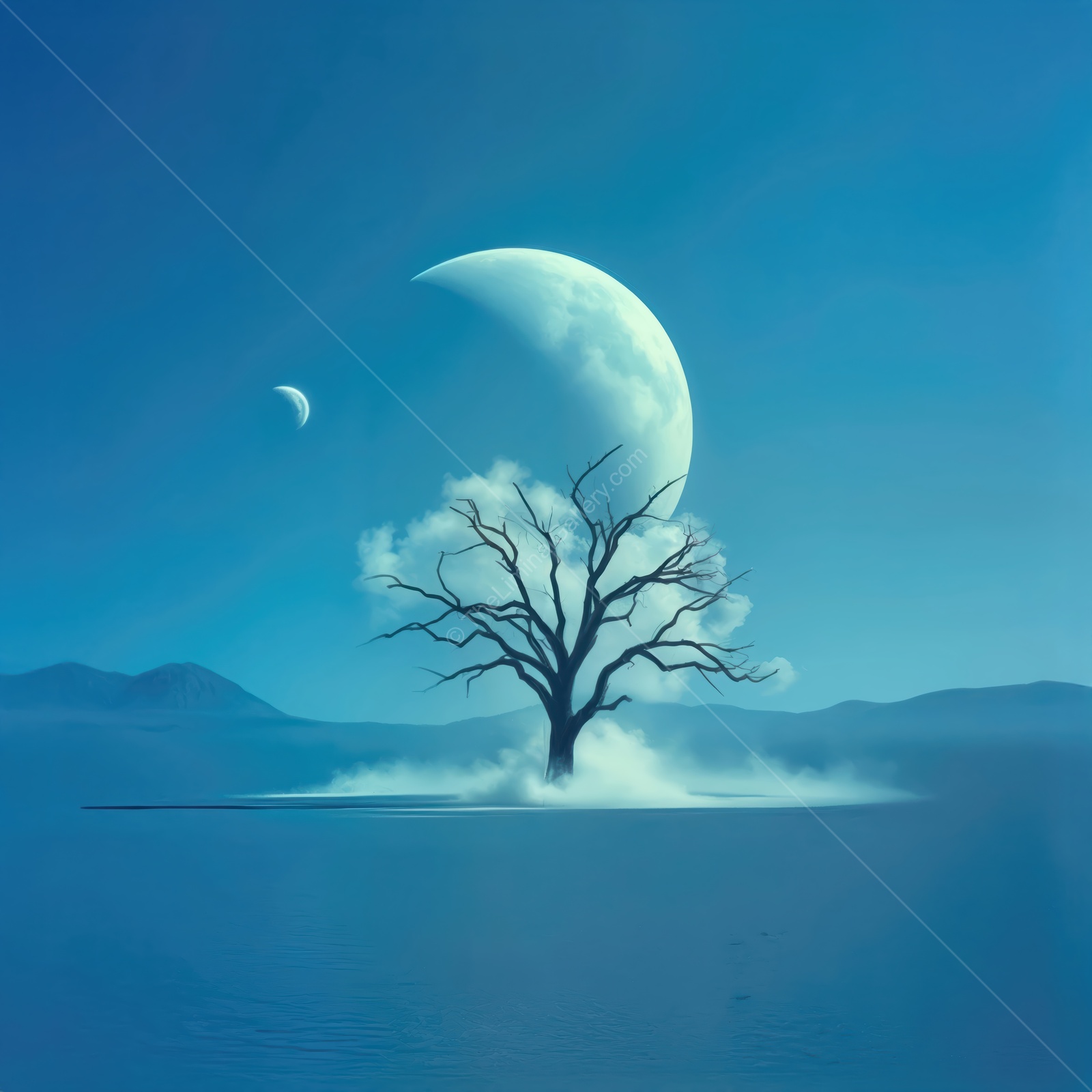 Mystical tree stands alone in a tranquil lake under the glowing moon