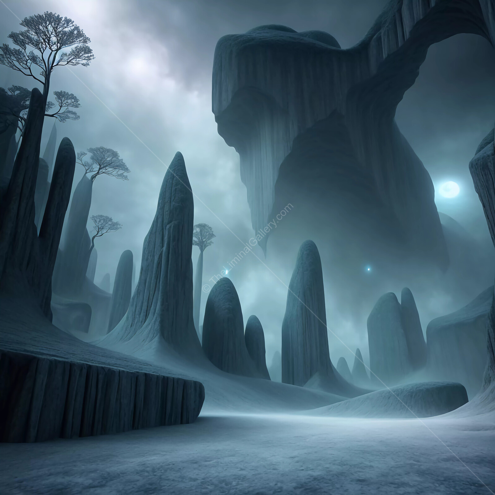 Mysterious landscape under a twilight sky with towering rock formations and eerie silhouettes of trees