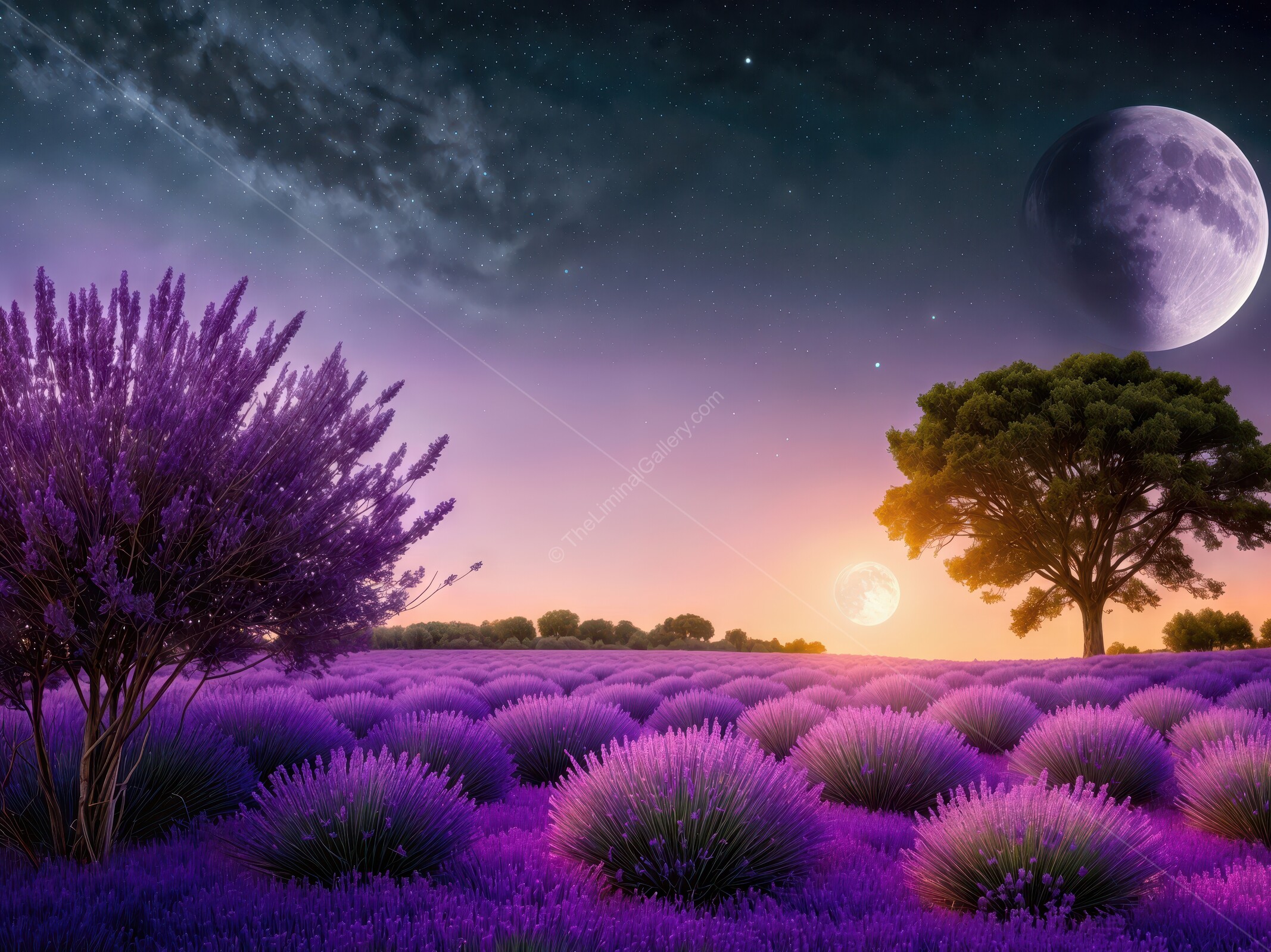 Lavender fields bask in twilight glow under a cosmic sky filled with stars and celestial bodies