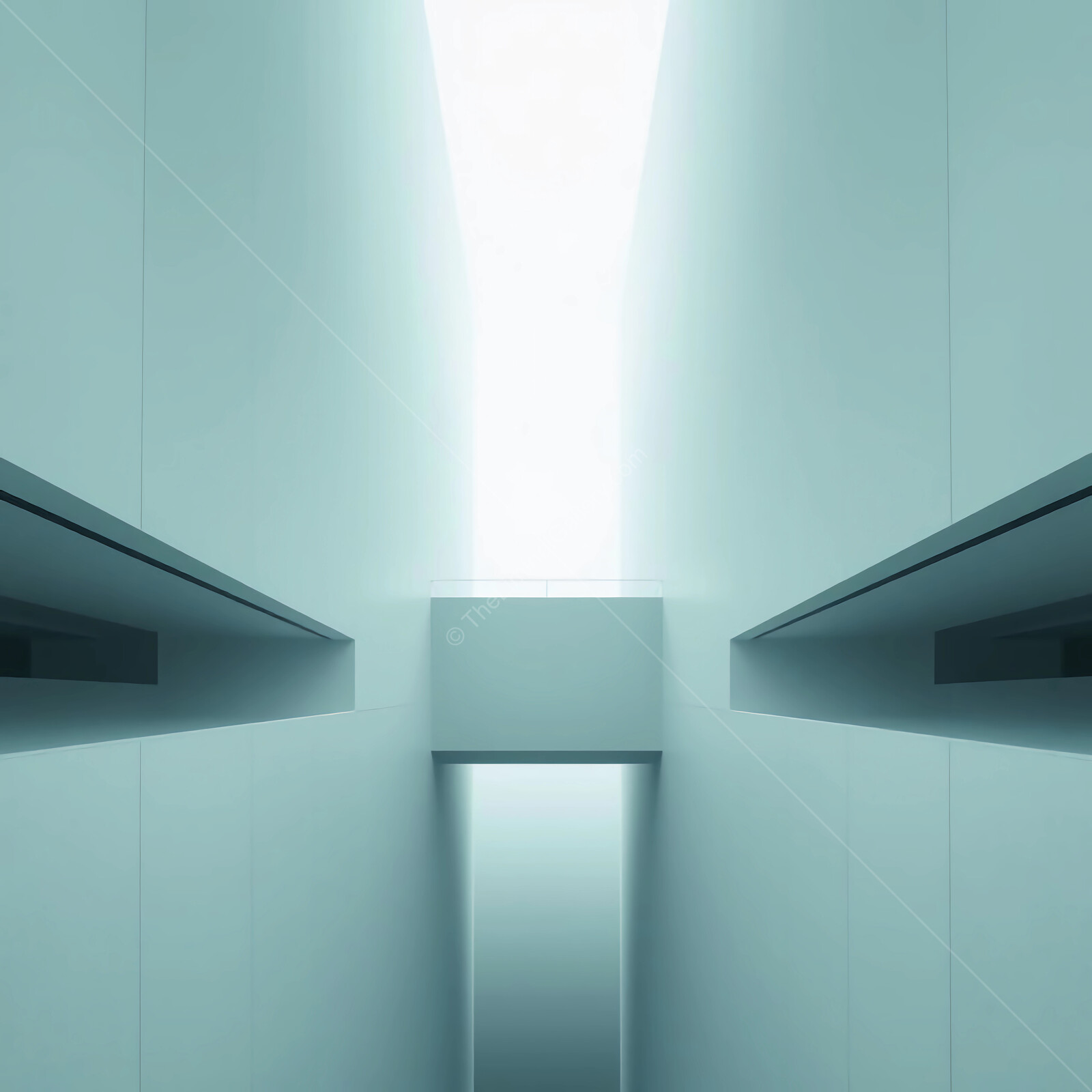 Light beams cascade through modern liminal architectural lines in an ethereal space