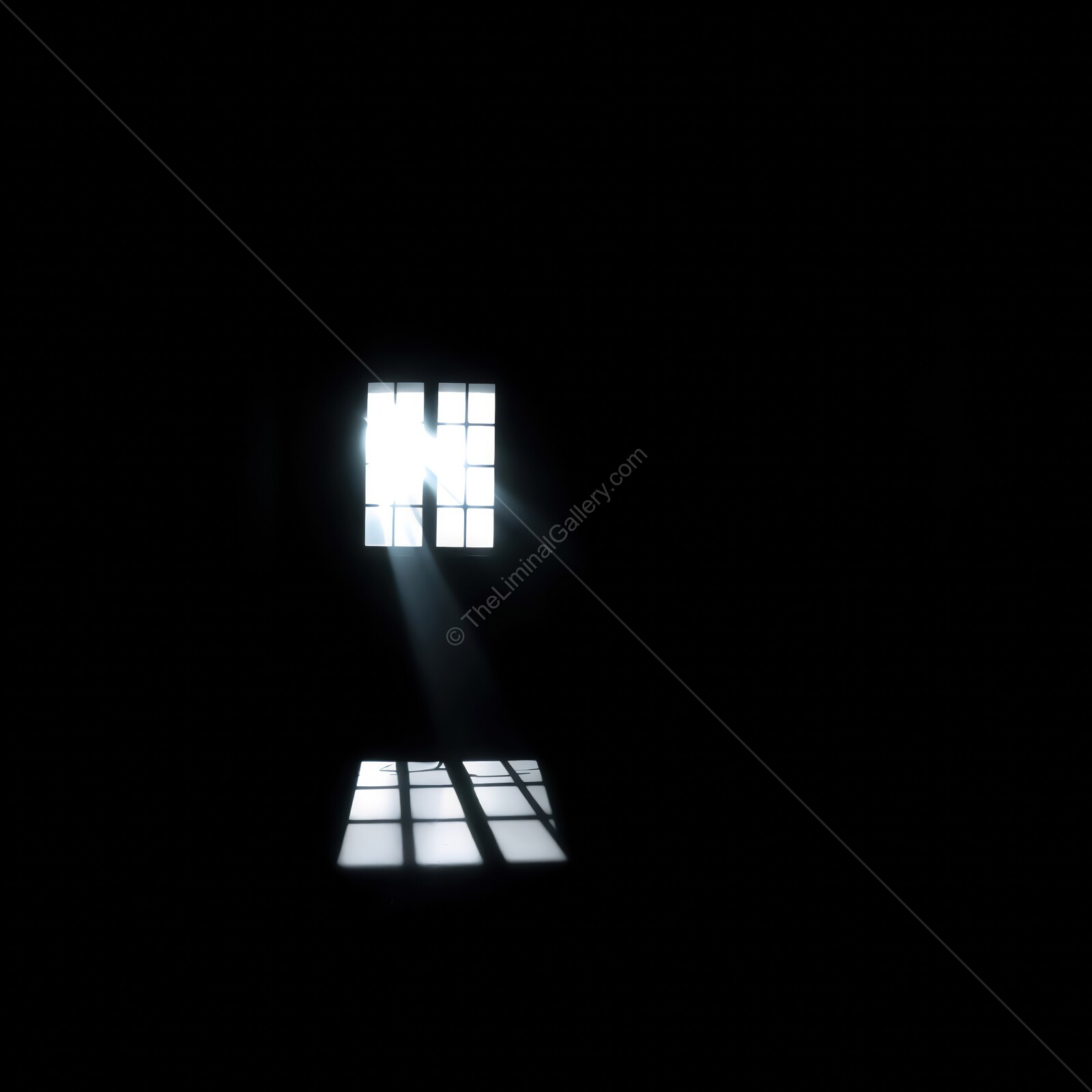 Light breaks through a dark liminal room, casting ethereal shadows at dusk in an abandoned building