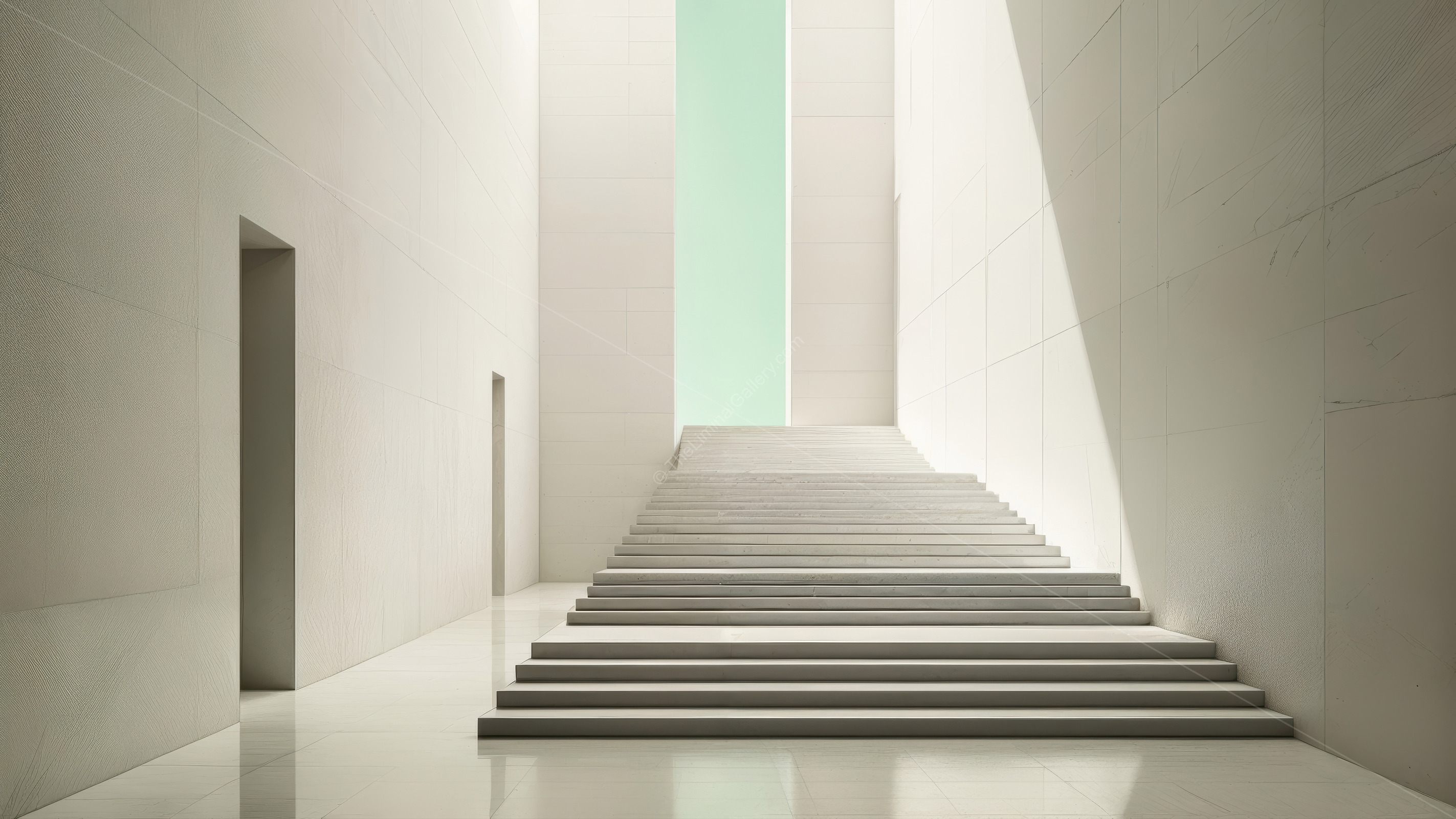 Light cascades through minimalist architecture, illuminating a tranquil stairway, inviting exploration and reflection in a serene modern space