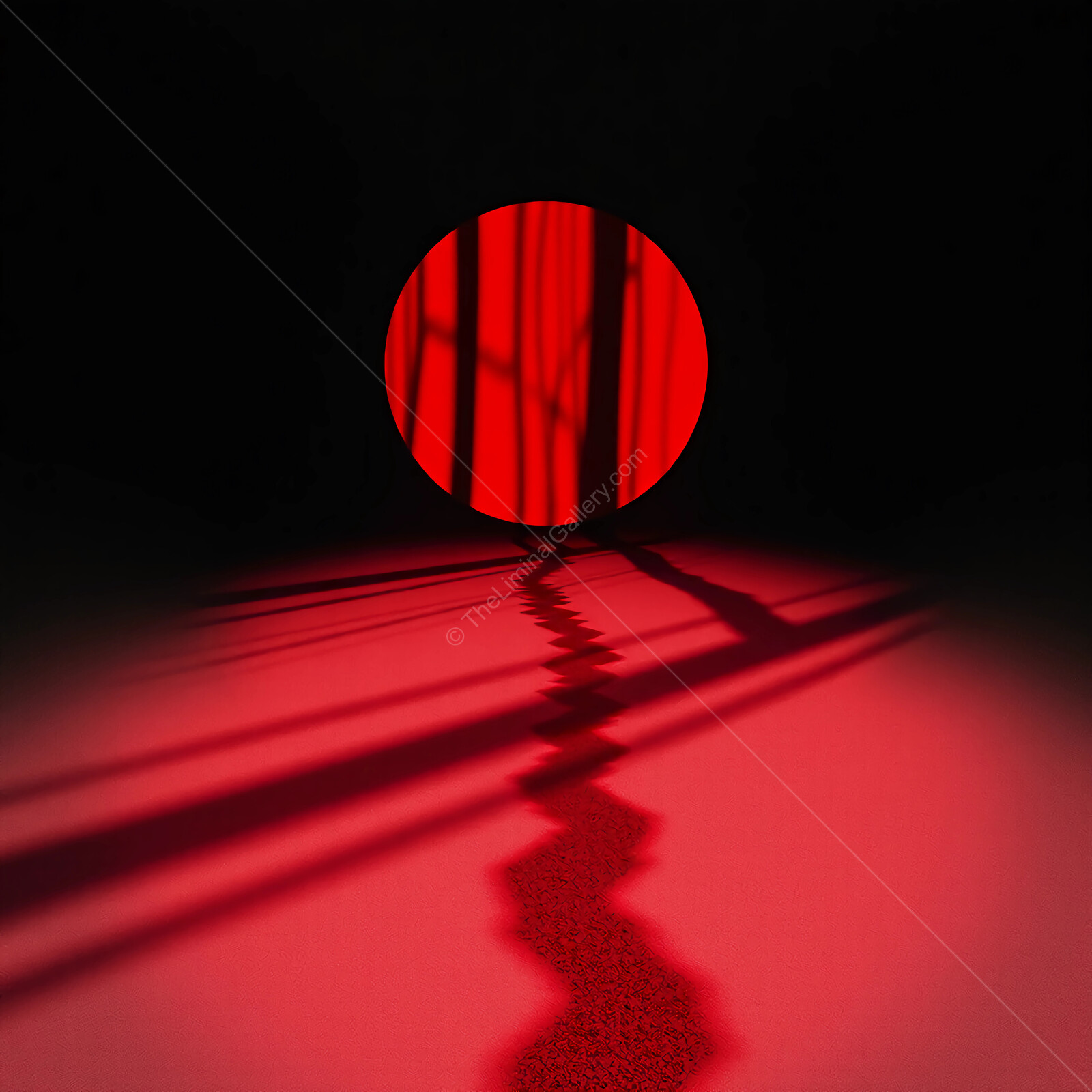 Striking interplay of light and shadows creates a surreal red circle in a dimly lit liminal space