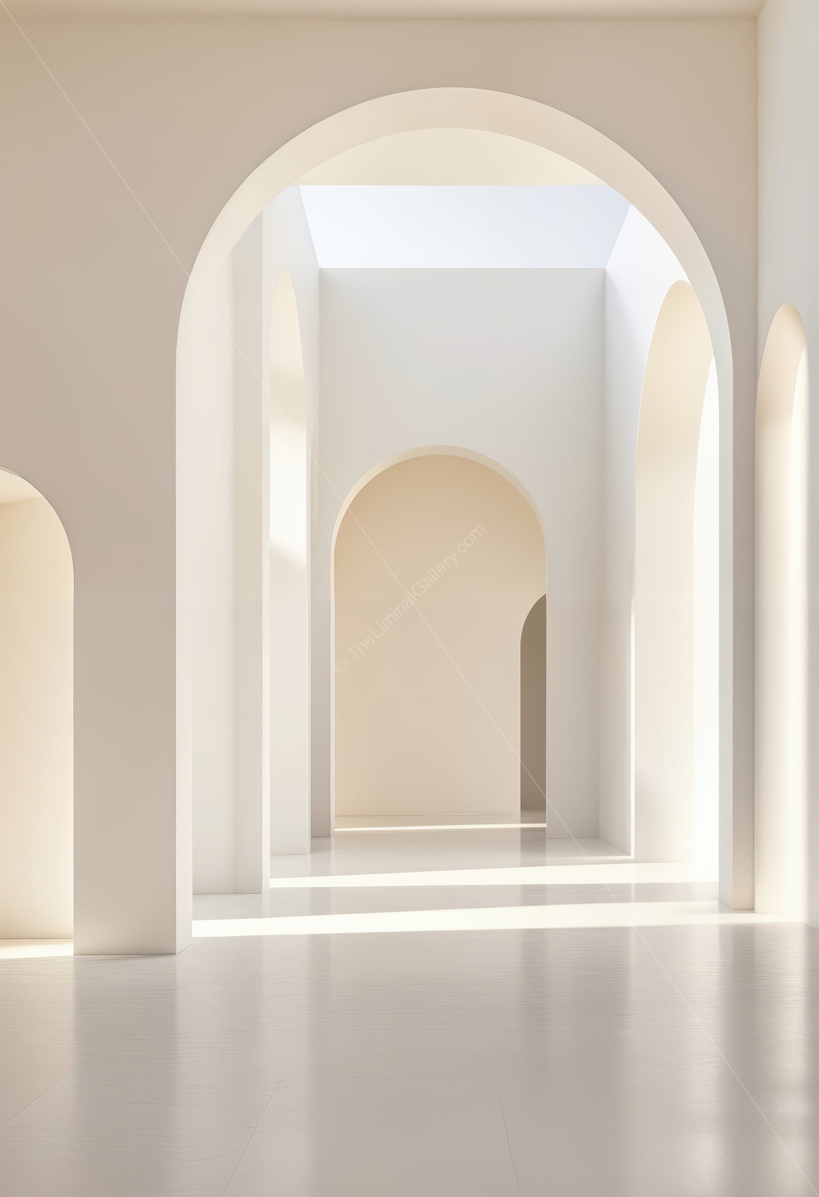 Elegant light-filtering through archways in a minimalist architectural space showcasing serene design, inviting creativity and calmness in a tranquil environment