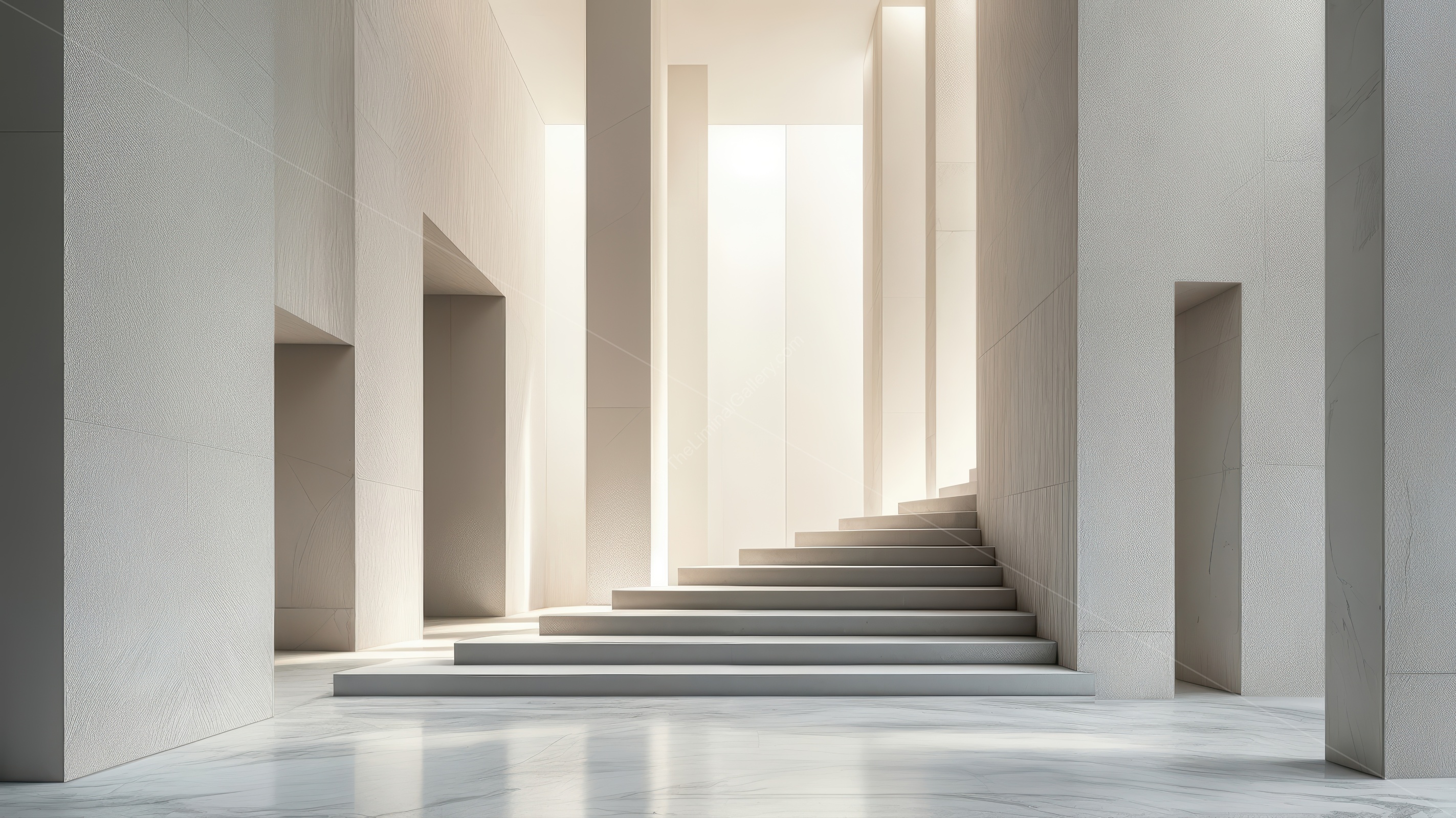 Elevated minimalism unfolds in a serene architectural space adorned with light, where clean lines guide the observer along a modern staircase