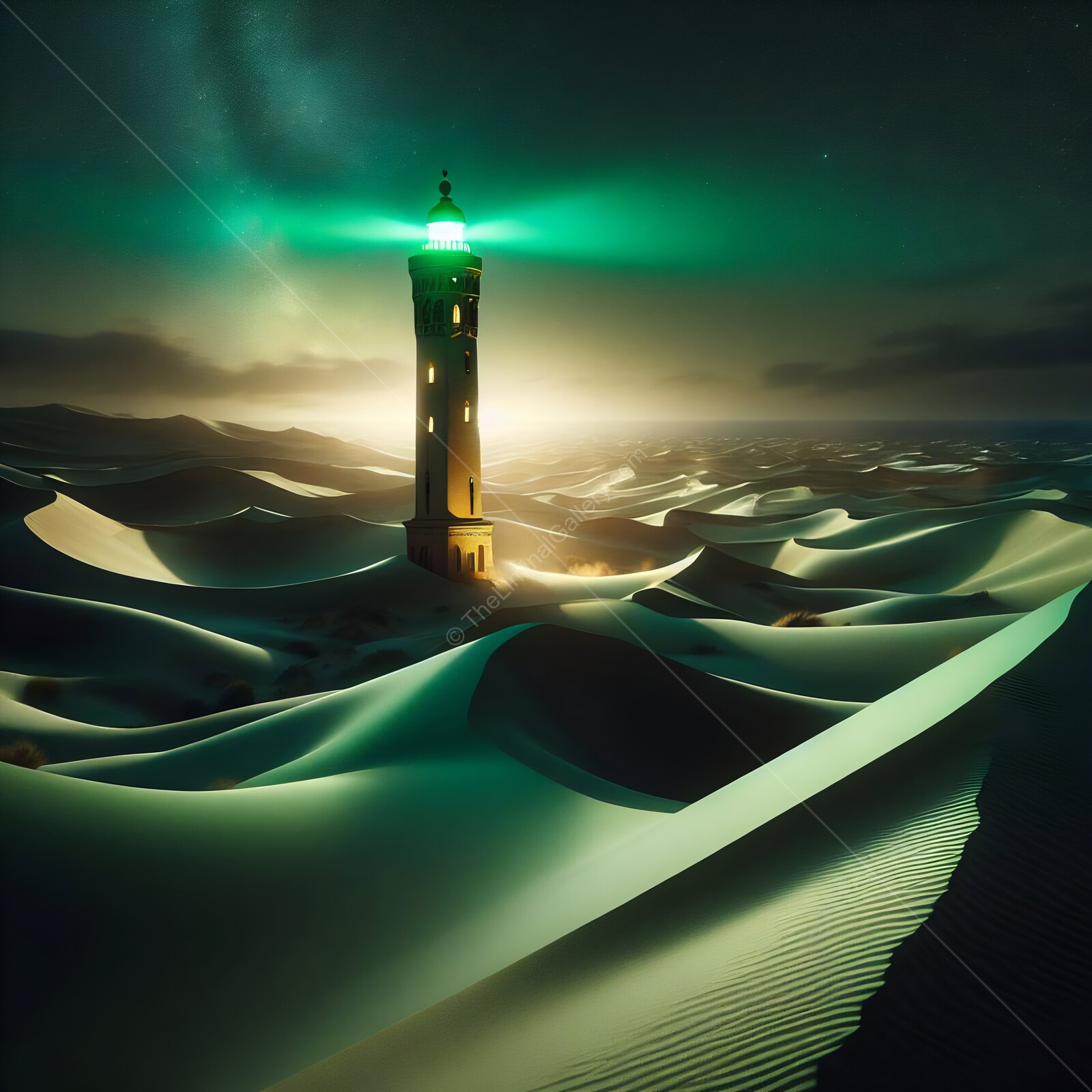 Mysterious liminal lighthouse stands tall amidst endless desert dunes under a glowing night sky