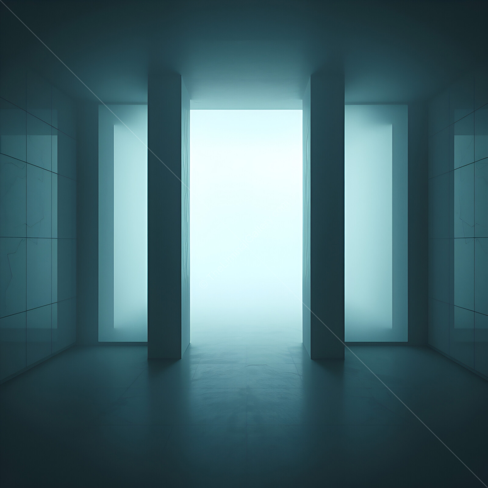 Ethereal light illuminates a minimalist liminal corridor leading to an unknown destination
