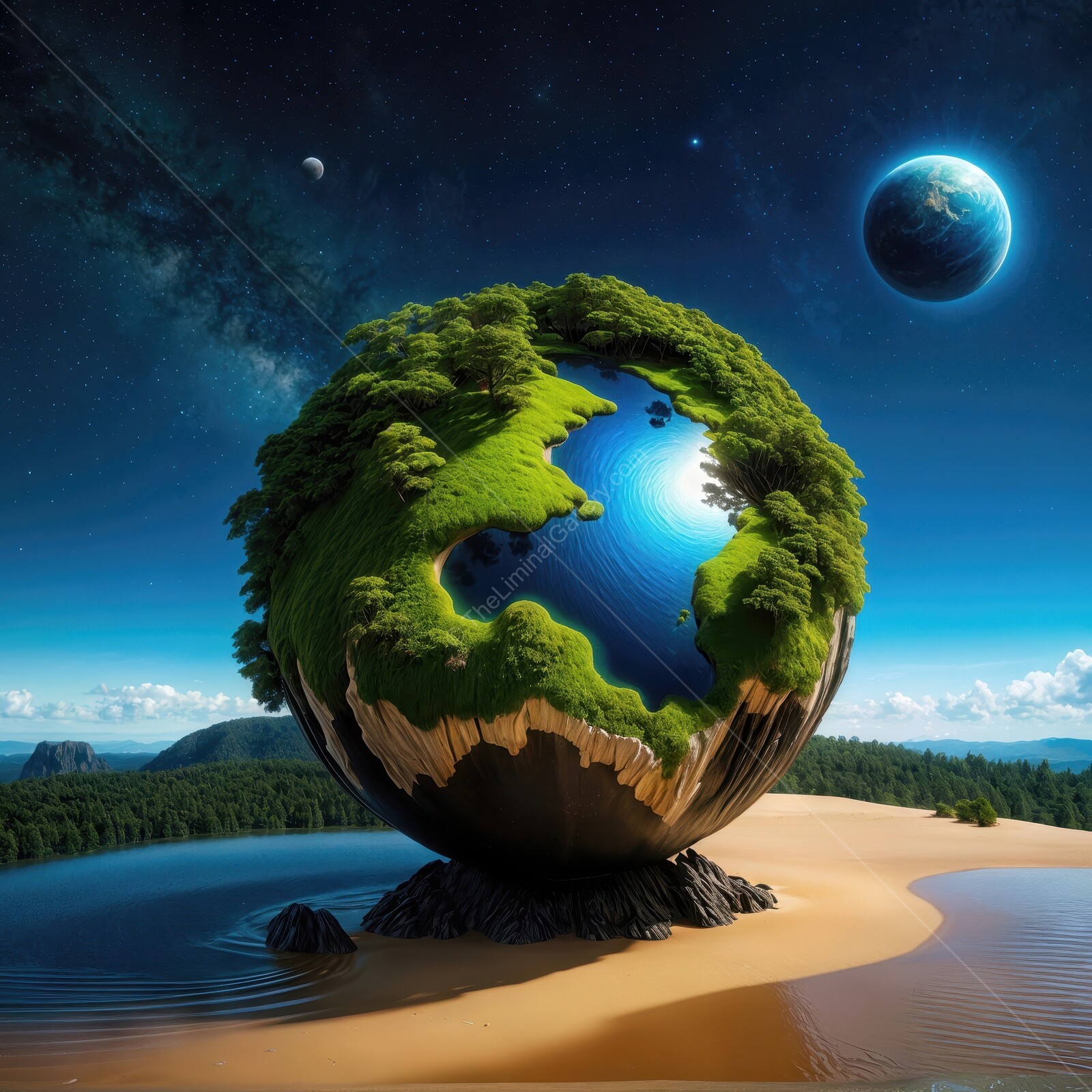 Vibrant floating world with lush greenery and shimmering waters in a cosmic landscape