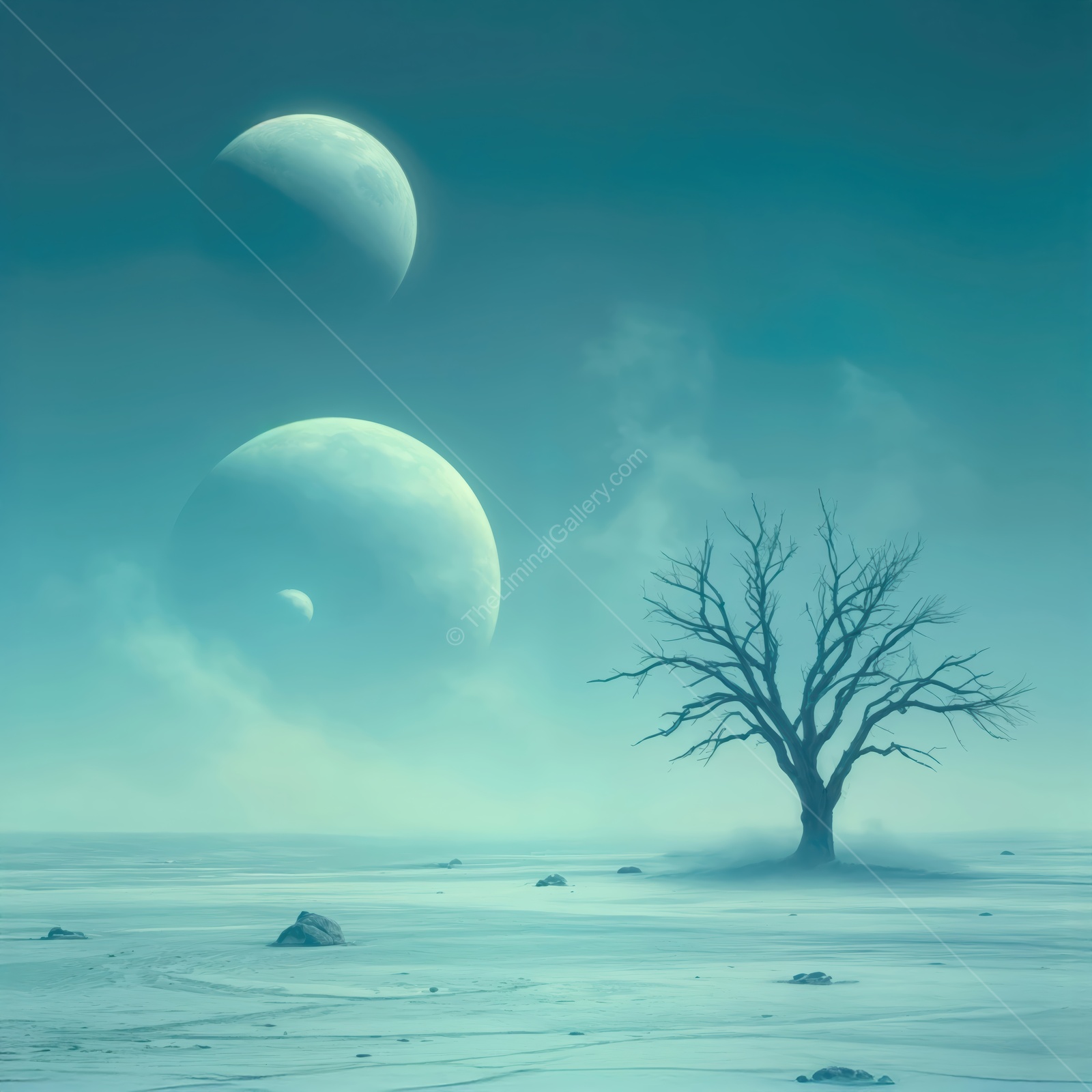 Lonely tree stands on a surreal landscape beneath two large moons