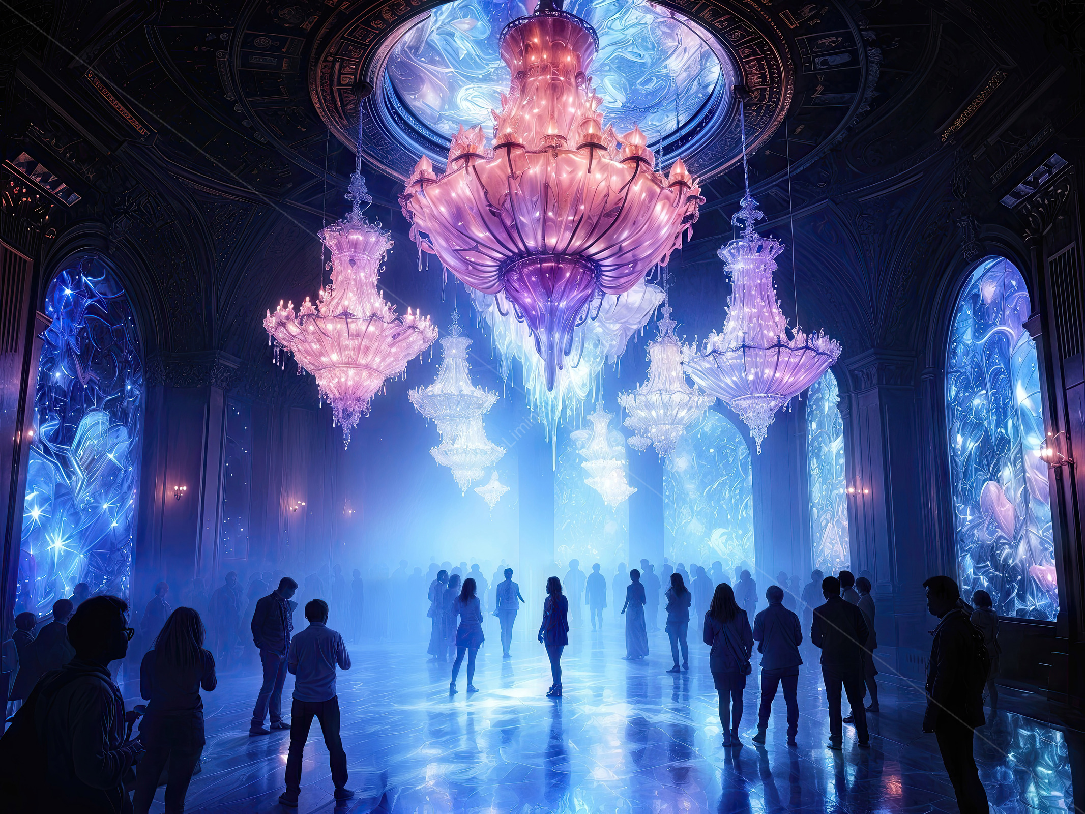 Liminal evening gala in luminous hall sets reflections dancing across walls, ethereal figures and vibrant hues enveloping guests in a surreal celebratory atmosphere
