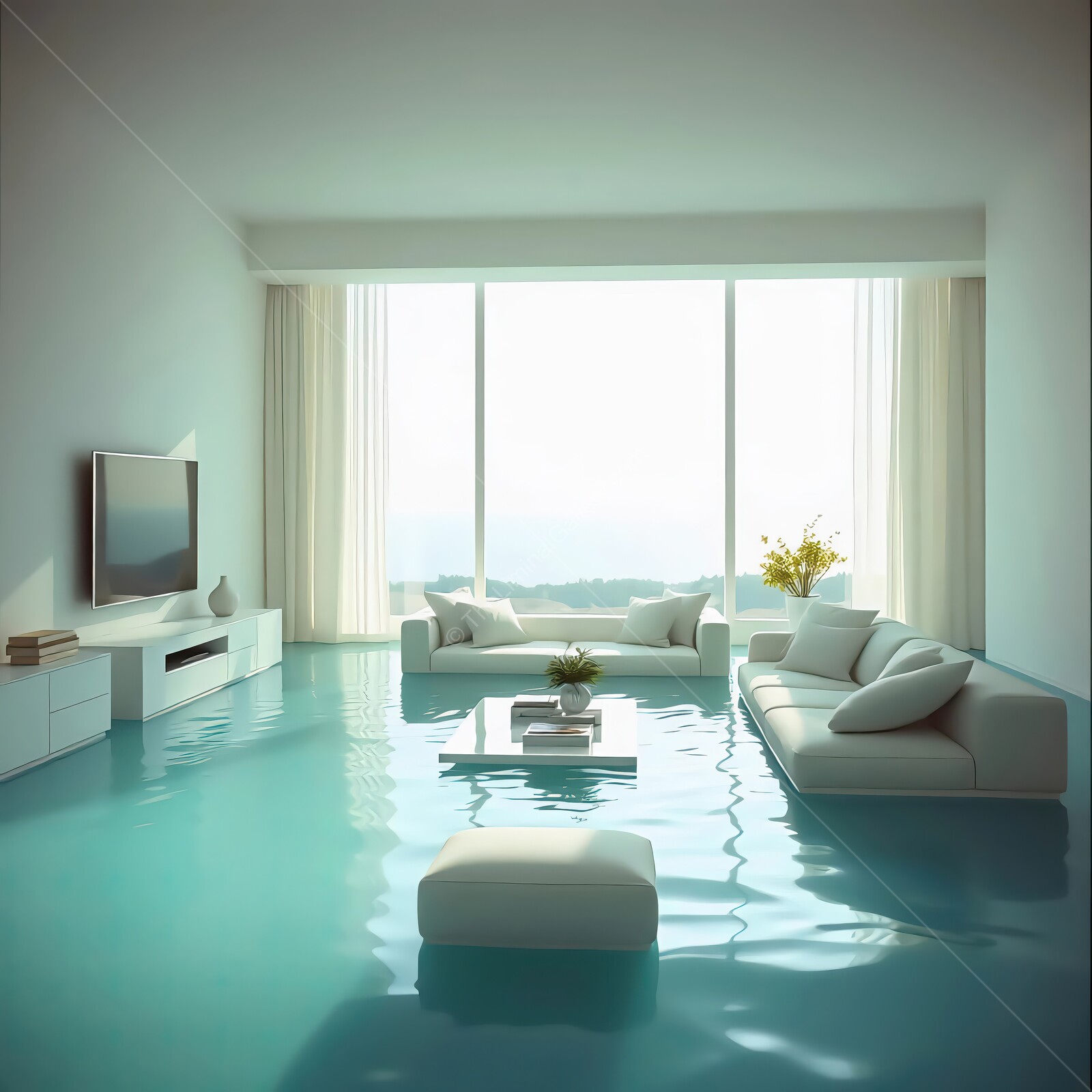 Luxurious liminal living room submerged in tranquil waters with stunning panoramic views