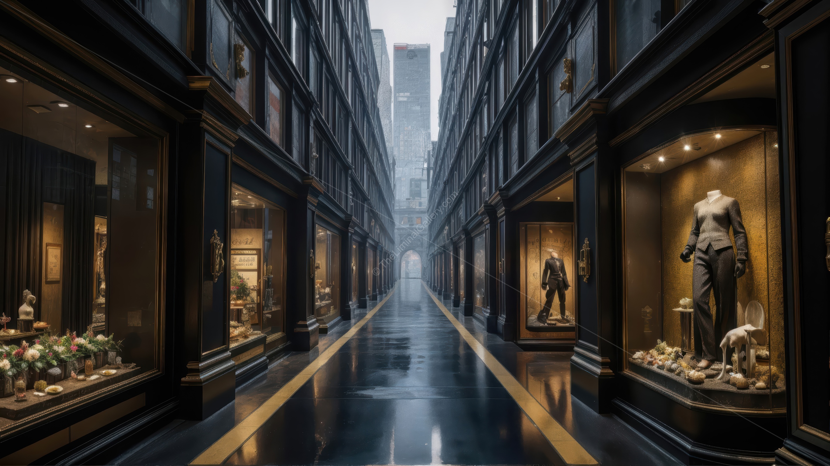 Exploring a hauntingly quiet corridor of a luxurious shopping district in a rain-soaked city, where the grandeur meets an unsettling silence