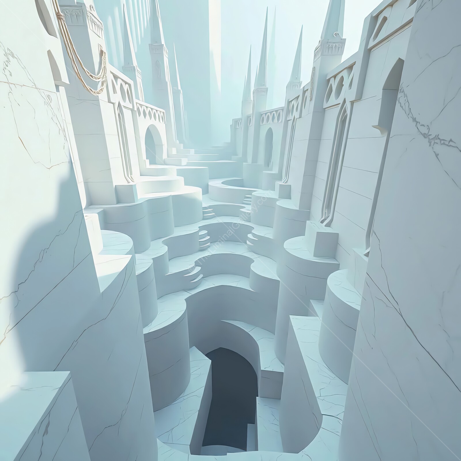 Majestic white castle ruins adorned with intricate spires amidst an ethereal landscape