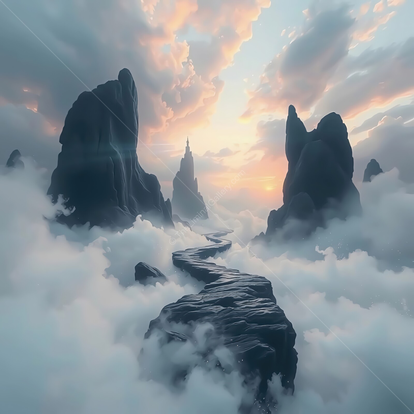 Majestic pathway winds through majestic mountains and clouds at dawn in a mystical landscape