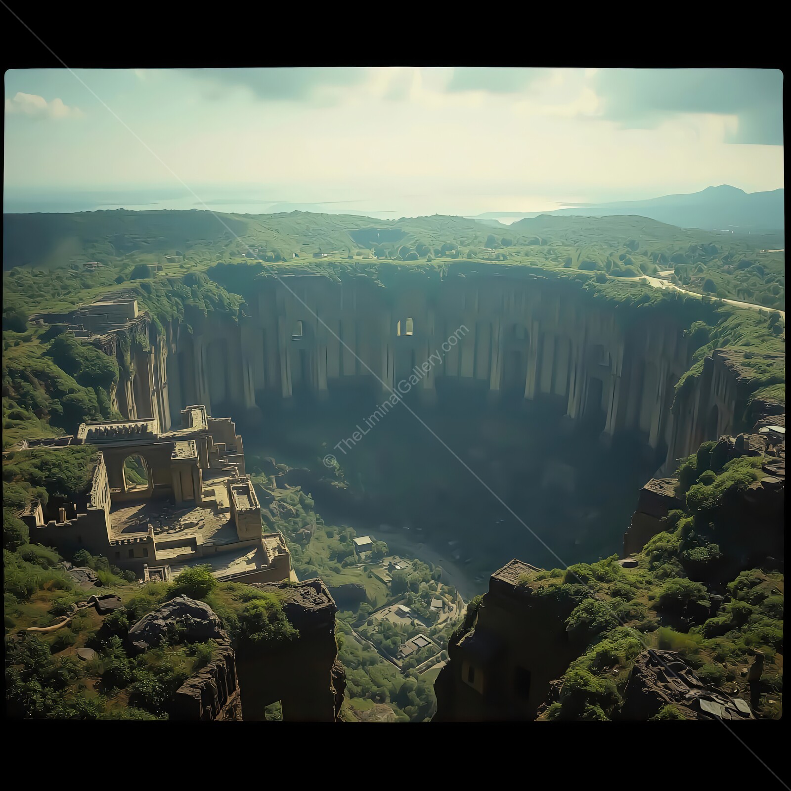 Majestic view of ancient ruins nestled in a lush green landscape at dawn
