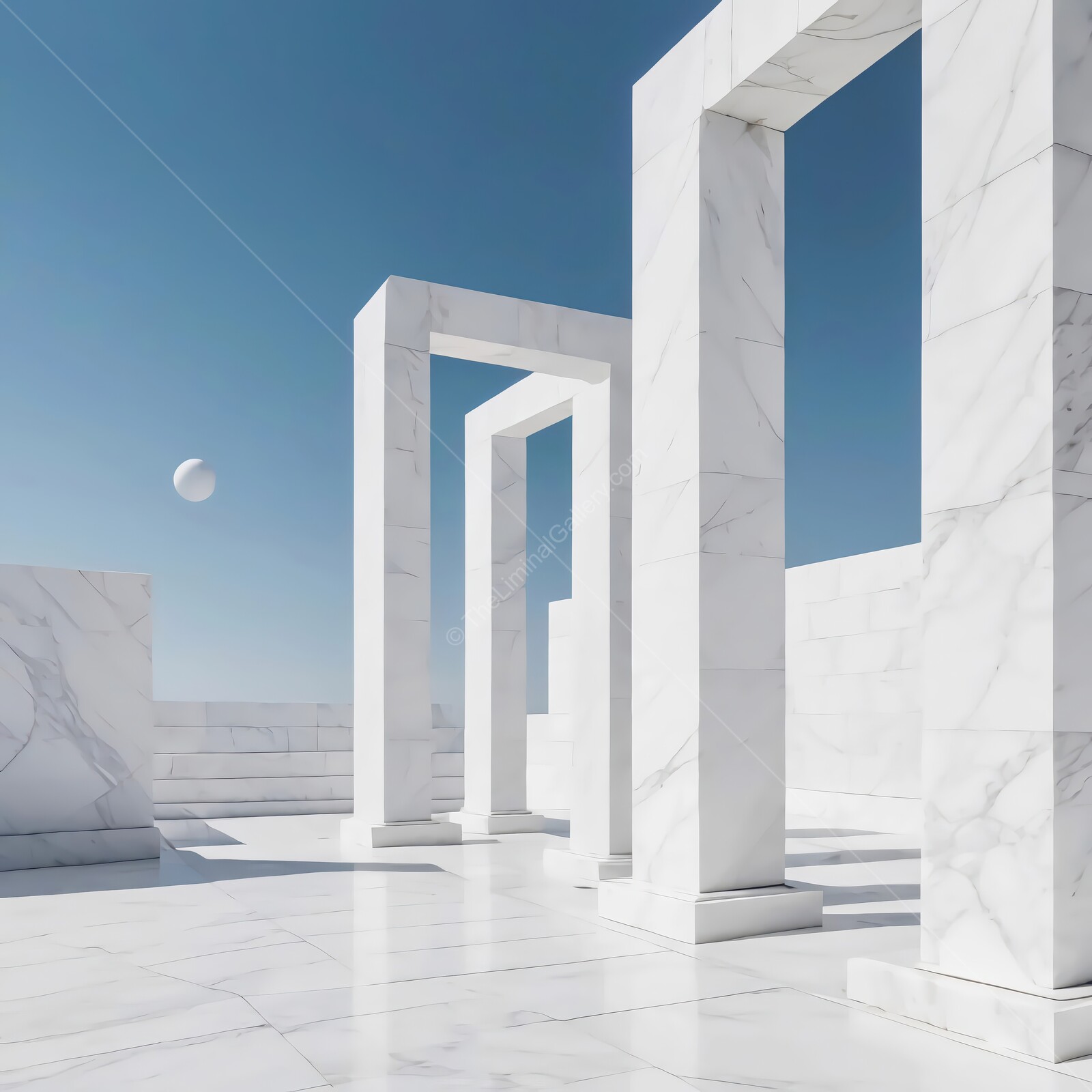 Majestic marble architecture harmonizes with a clear sky under the gentle sun