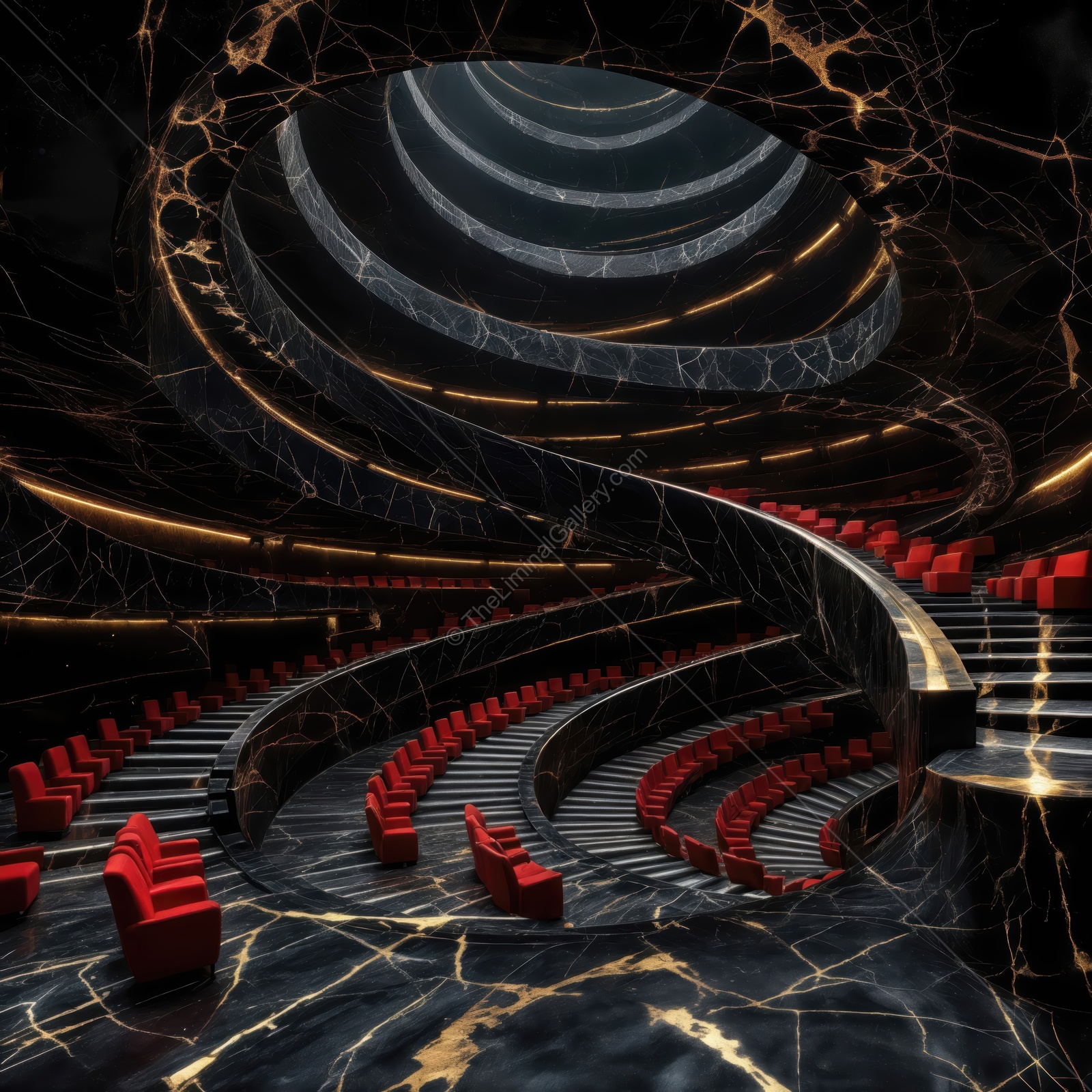 Glistening marble auditorium with twisting staircases and vibrant red seating