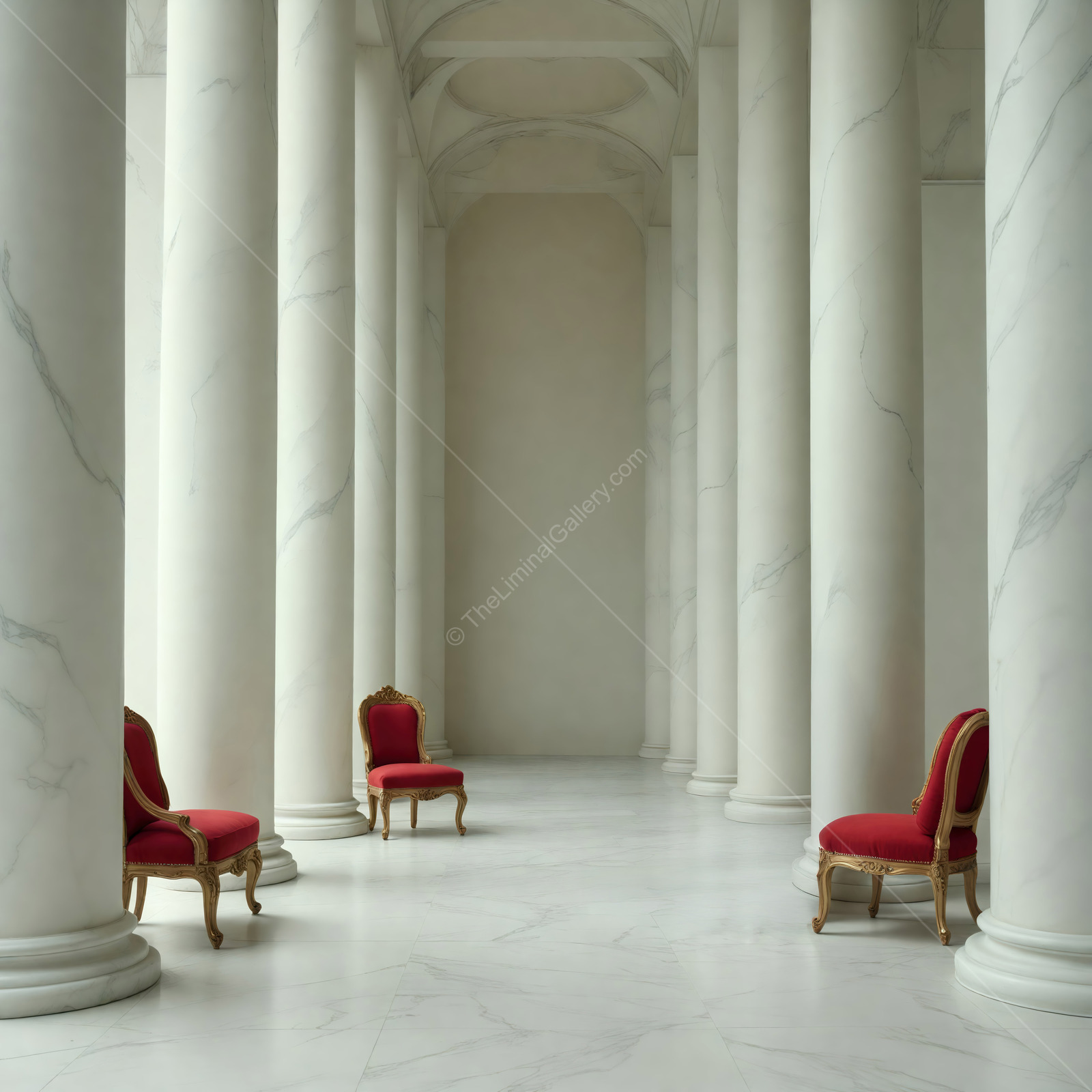 Classic marble corridor lined with vivid red chairs accents timeless architecture, blending tranquility and sophistication to create a welcoming setting