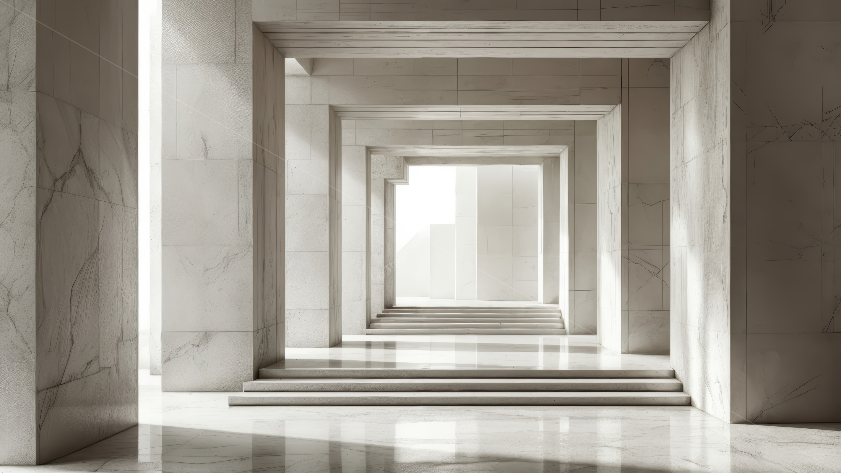 Liminal marble corridors glow with ambient light, guiding visitors through elegant lines that encourage unhurried exploration and contemplation of refined architectural craft