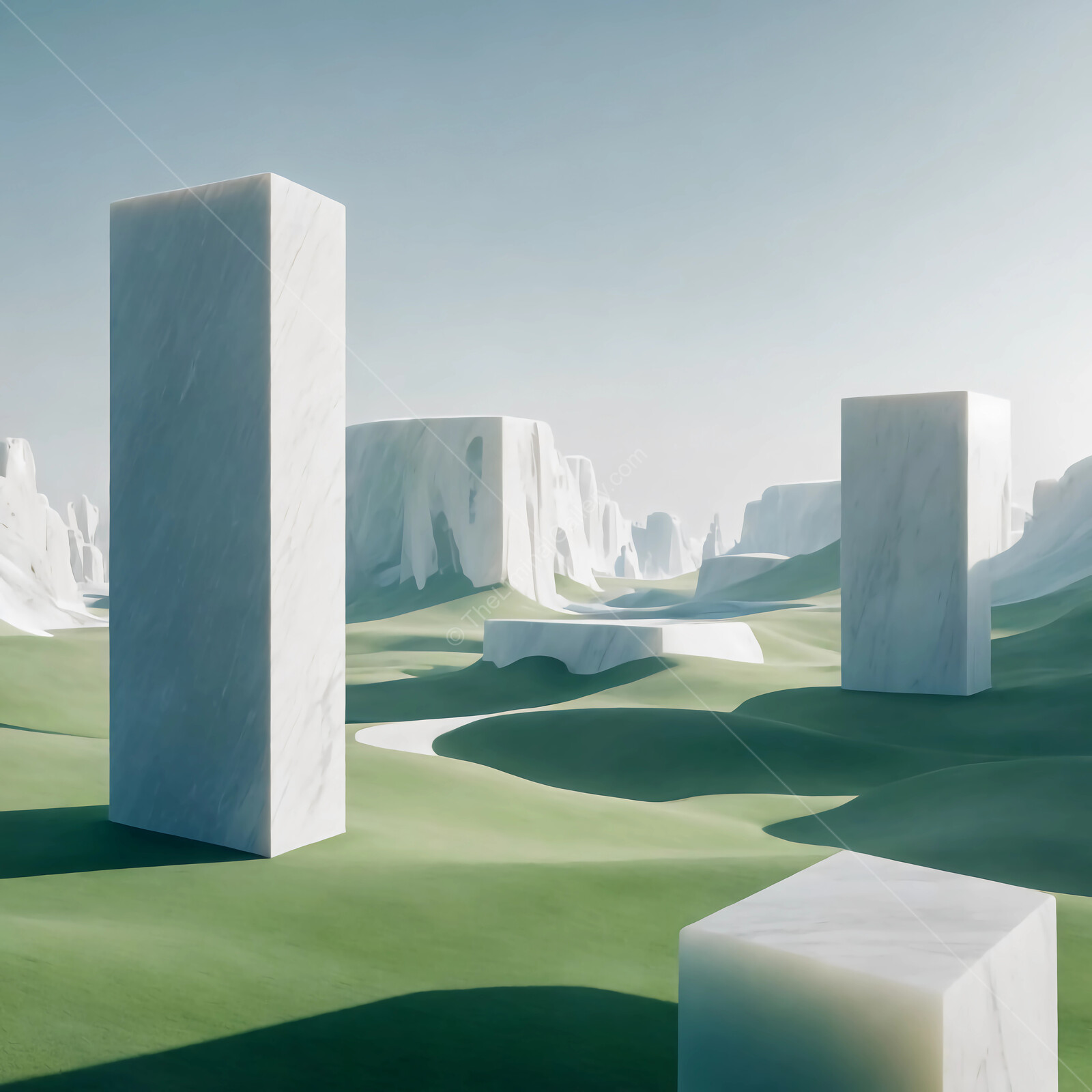 Marble monoliths rise majestically in a surreal landscape under a clear sky