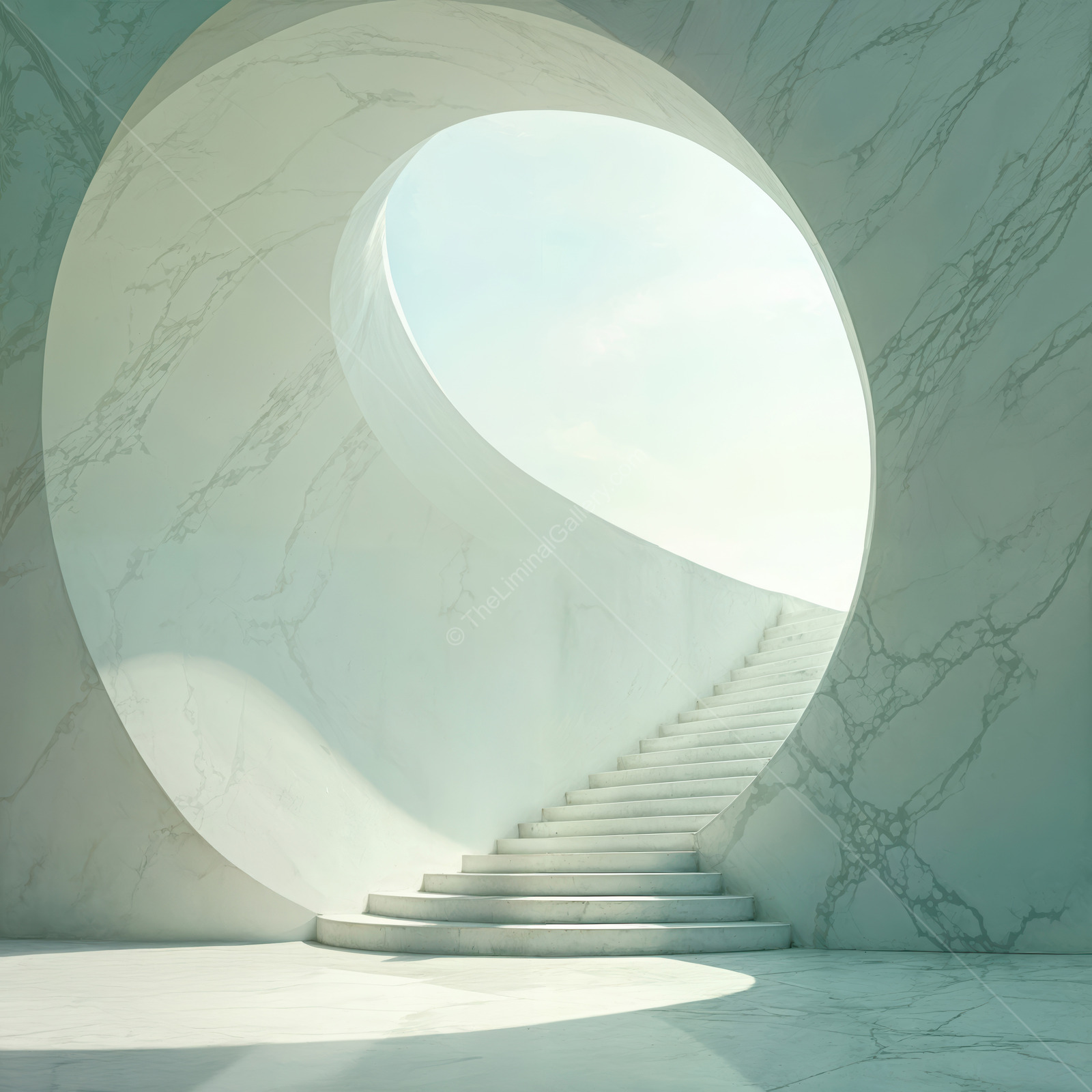 Liminal marble staircase ascends toward circular skylight, minimalist setting welcoming natural light that cascades down to create an airy, uplifting entrance