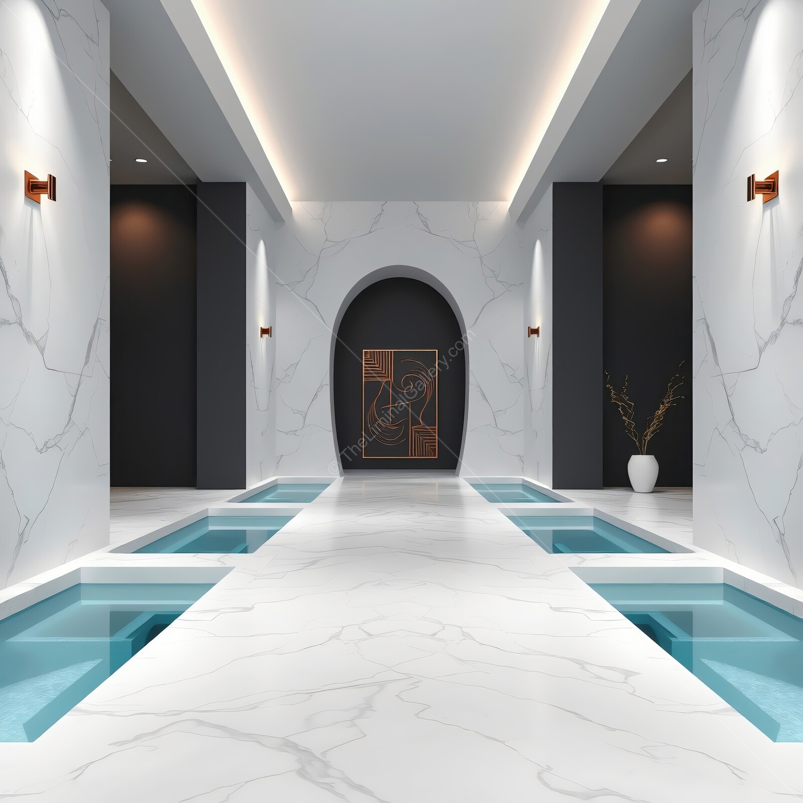 Luxurious spa corridor featuring elegant marble and tranquil water features in a modern retreat