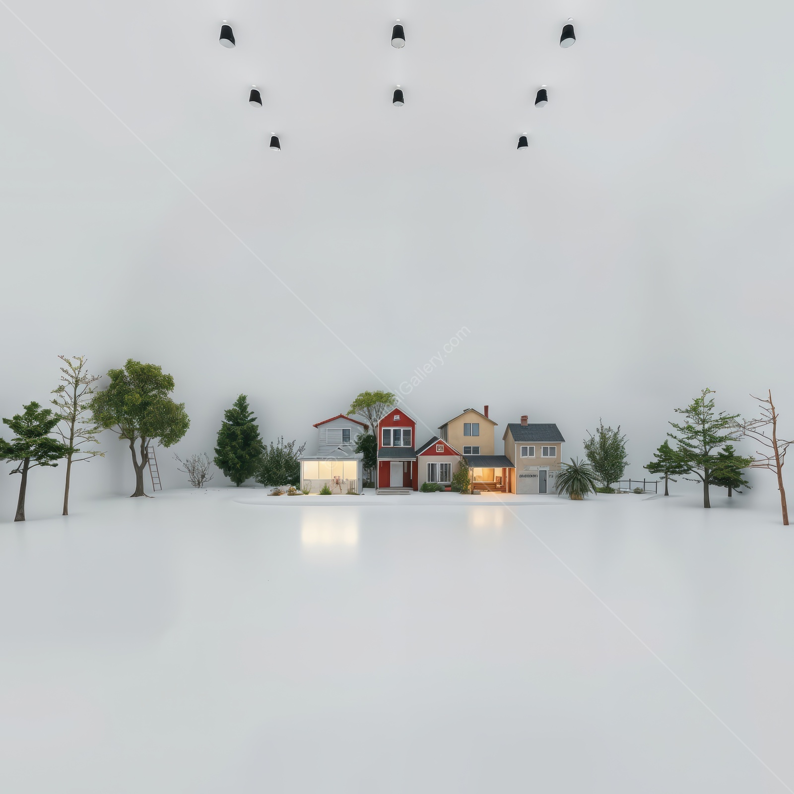 Miniature liminal village displayed in pristine white space with creative lighting techniques