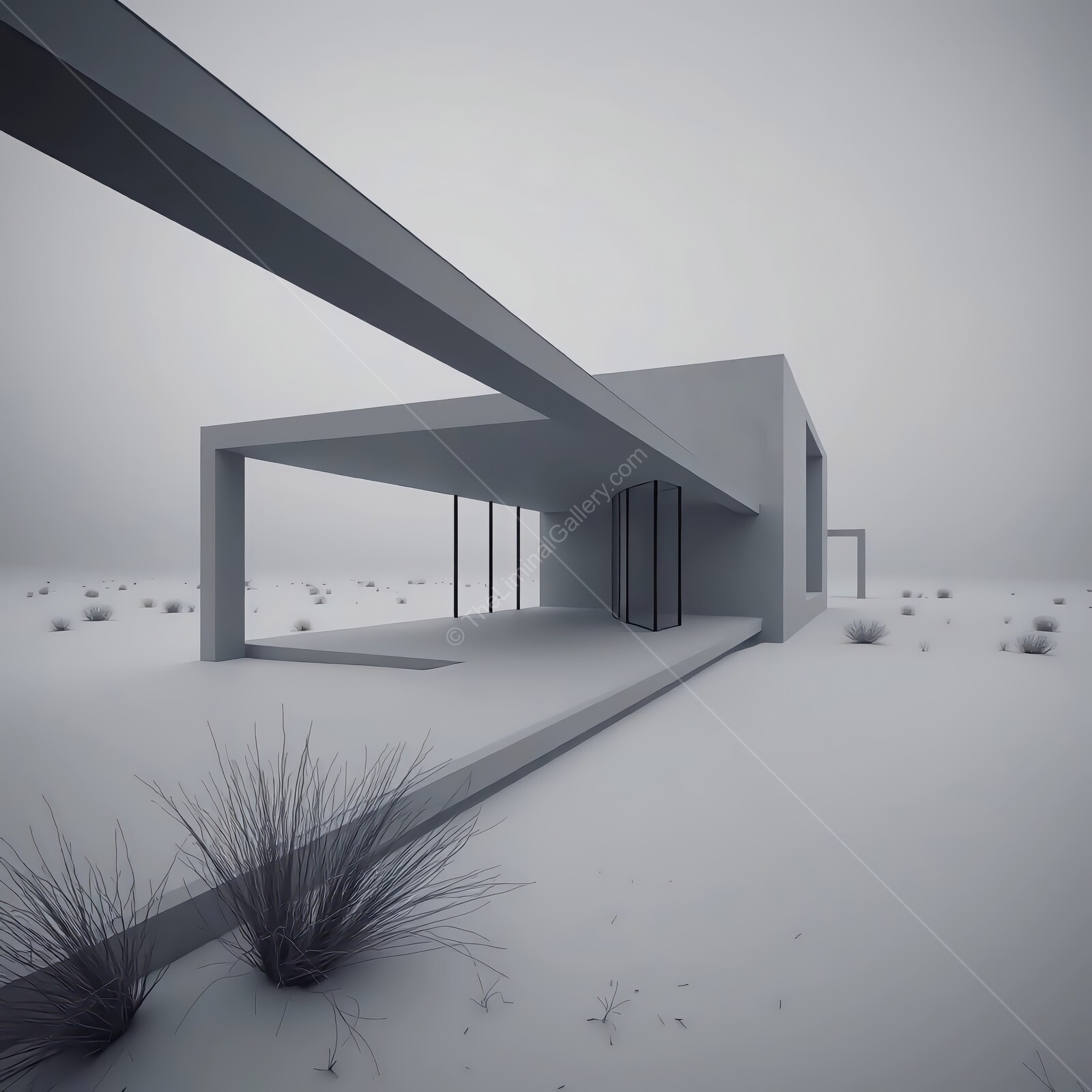 Minimalist architecture blends with an arid landscape under a muted sky in a serene setting