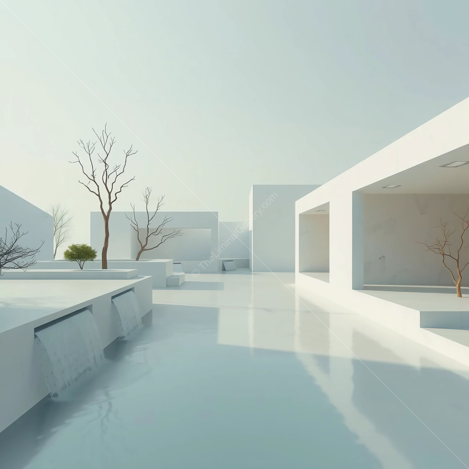 Minimalist liminal architecture reflects serenity in a tranquil modern garden