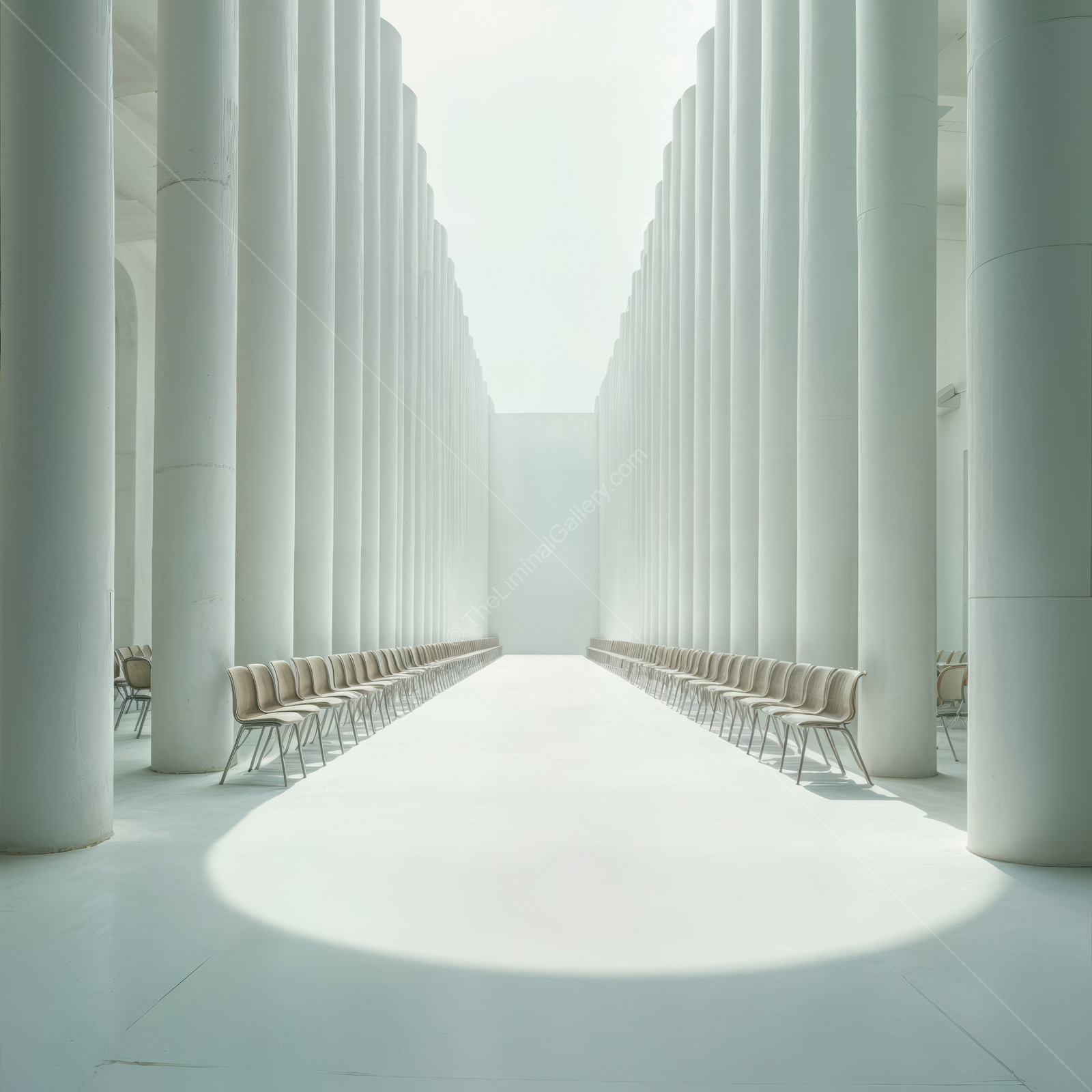 A serene hall of minimalist chairs basks in soft natural light, perfect symmetry and gentle tones inviting quiet contemplation and peaceful respite
