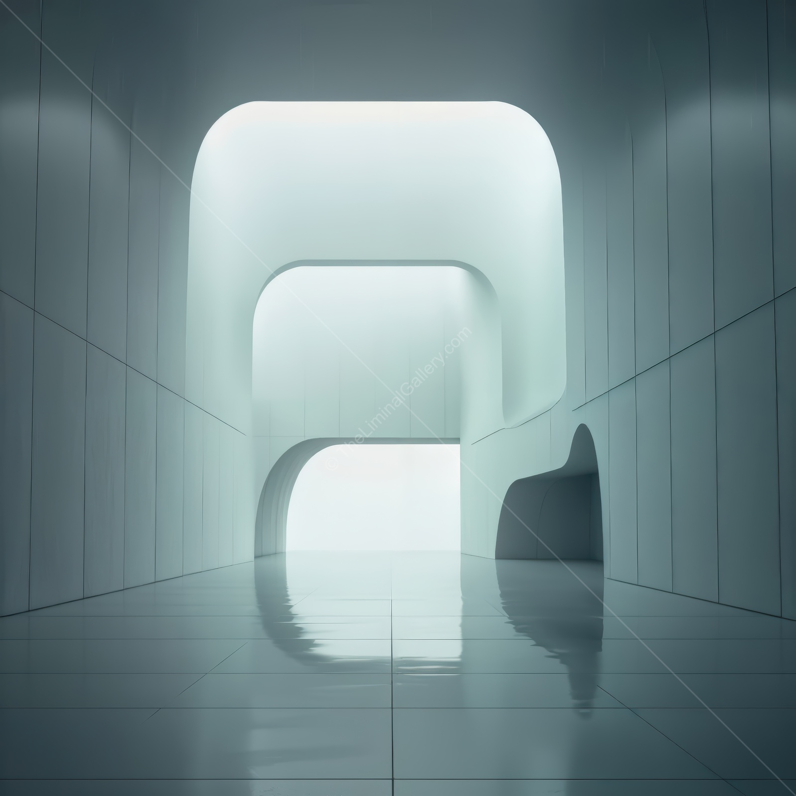Architectural liminal elegance in a minimalist hallway illuminated by soft light