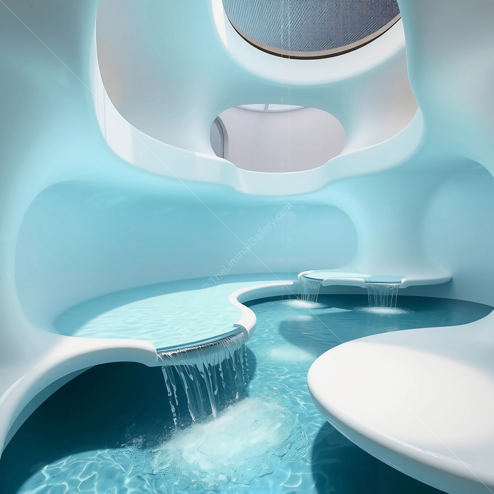 Tranquil waters flow through a minimalist indoor oasis with stunning architectural design