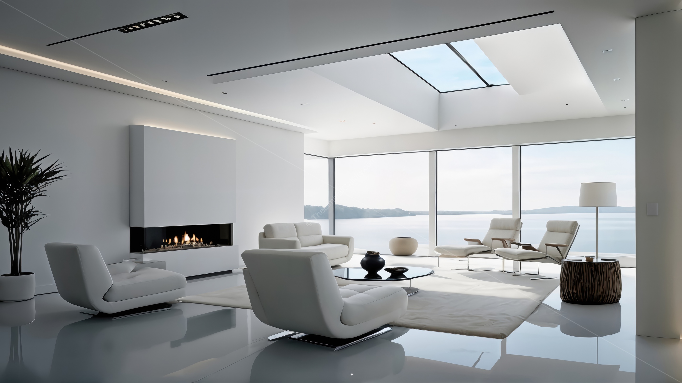Modern minimalist liminal living space with panoramic views by the water at sunrise