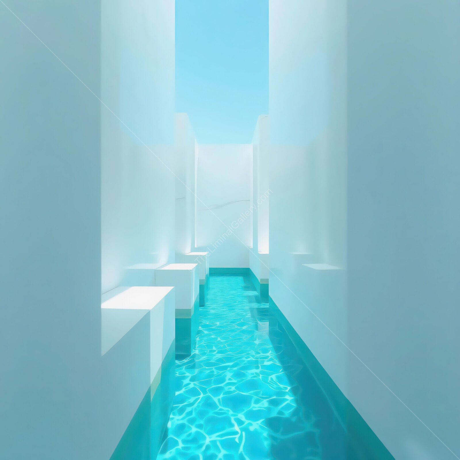 Serenity unfolds in a minimalist oasis illuminated by bright sunlight and turquoise waters