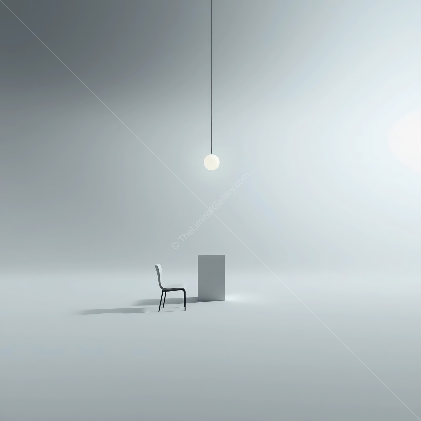Minimalist approach to solitude featuring a chair and table in serene space with soft illumination