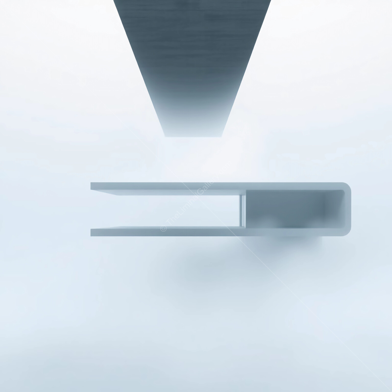 Exploring a minimalist structure emerging from a dense fog, inviting curiosity and contemplation