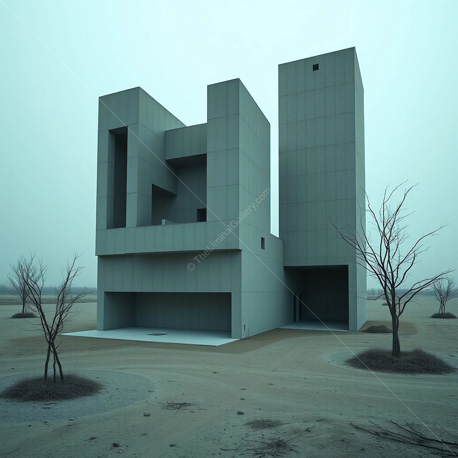 Minimalist architectural wonder stands in an arid landscape under a hazy sky at twilight