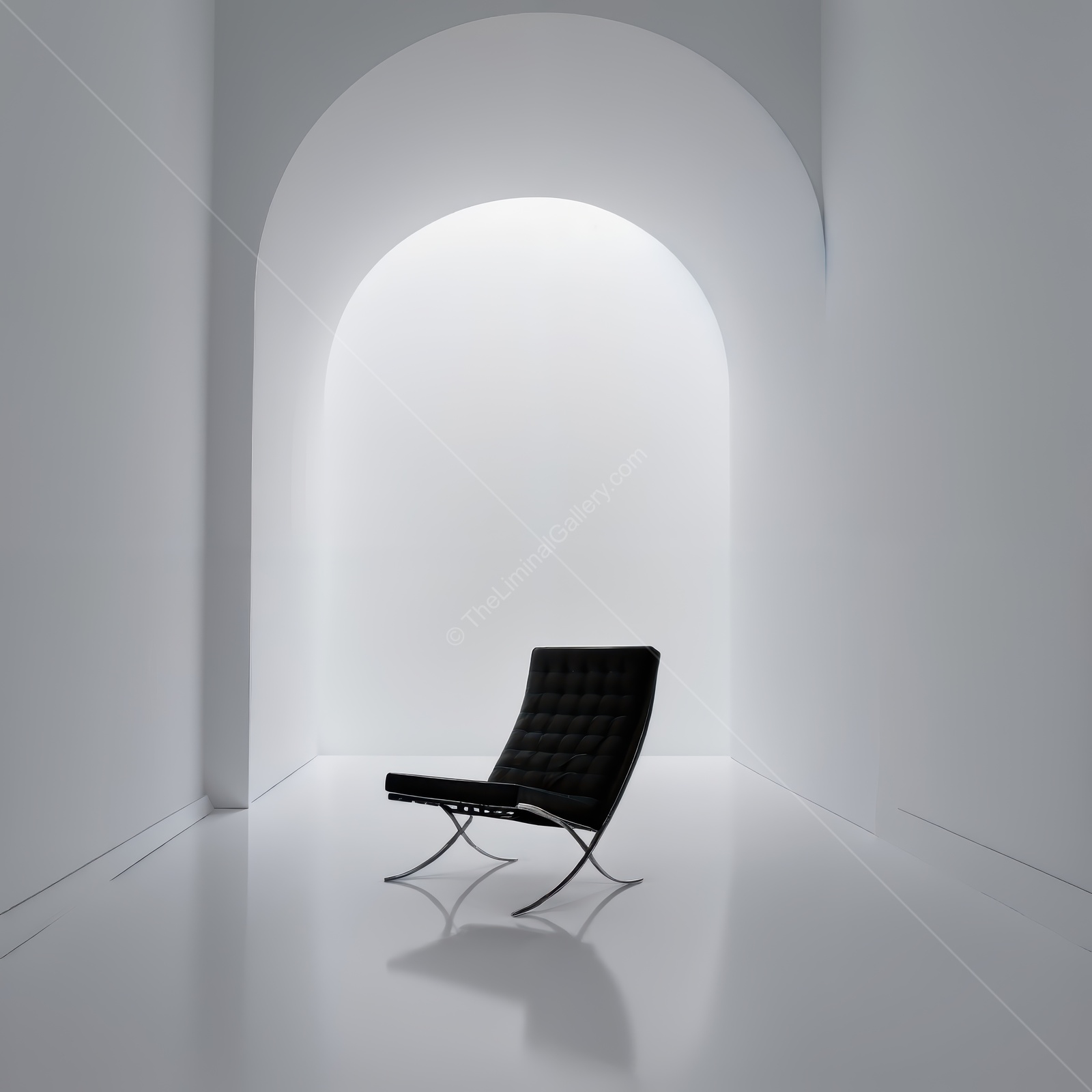 Minimalistic liminal elegance shines in a serene, well-lit modern space with a stylish chair
