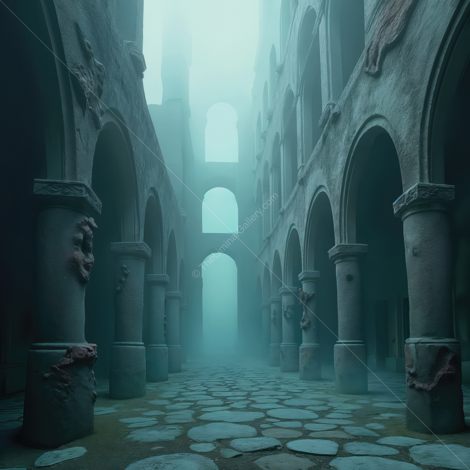 Enigmatic pathways through the ancient ruins shrouded in mist, inviting exploration and wonder among the weathered stone columns and archways
